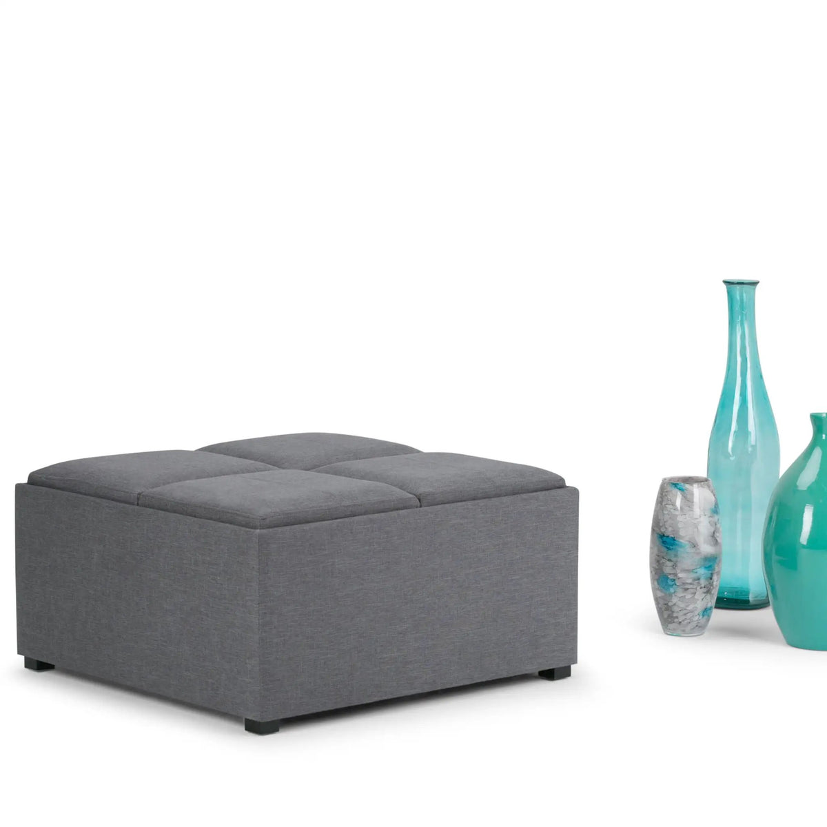 Avalon Square Storage Ottoman | Coffee Table Design | Four Flip Over Serving Trays | 35 Inch Width