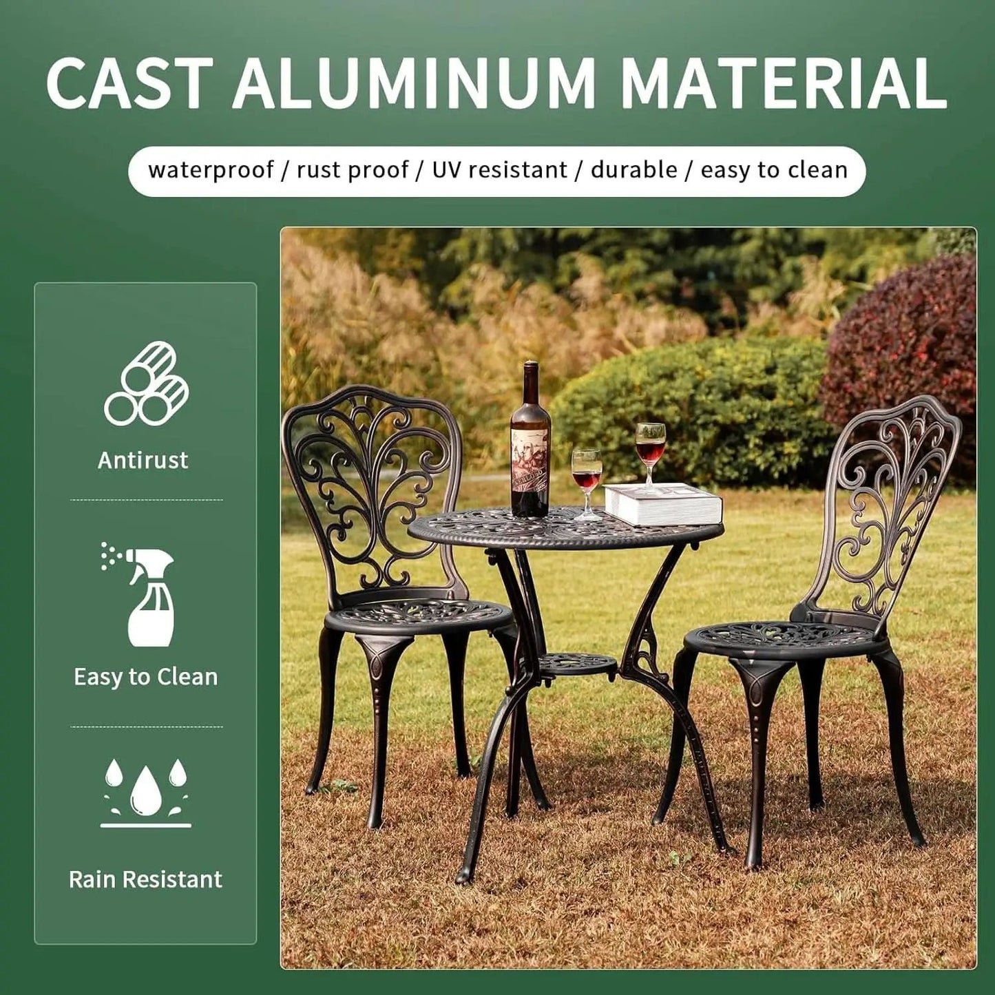3 Piece Cast Aluminum Outdoor Patio Bistro Set With Umbrella Hole In Brown All Weather Durable from PriceLows™