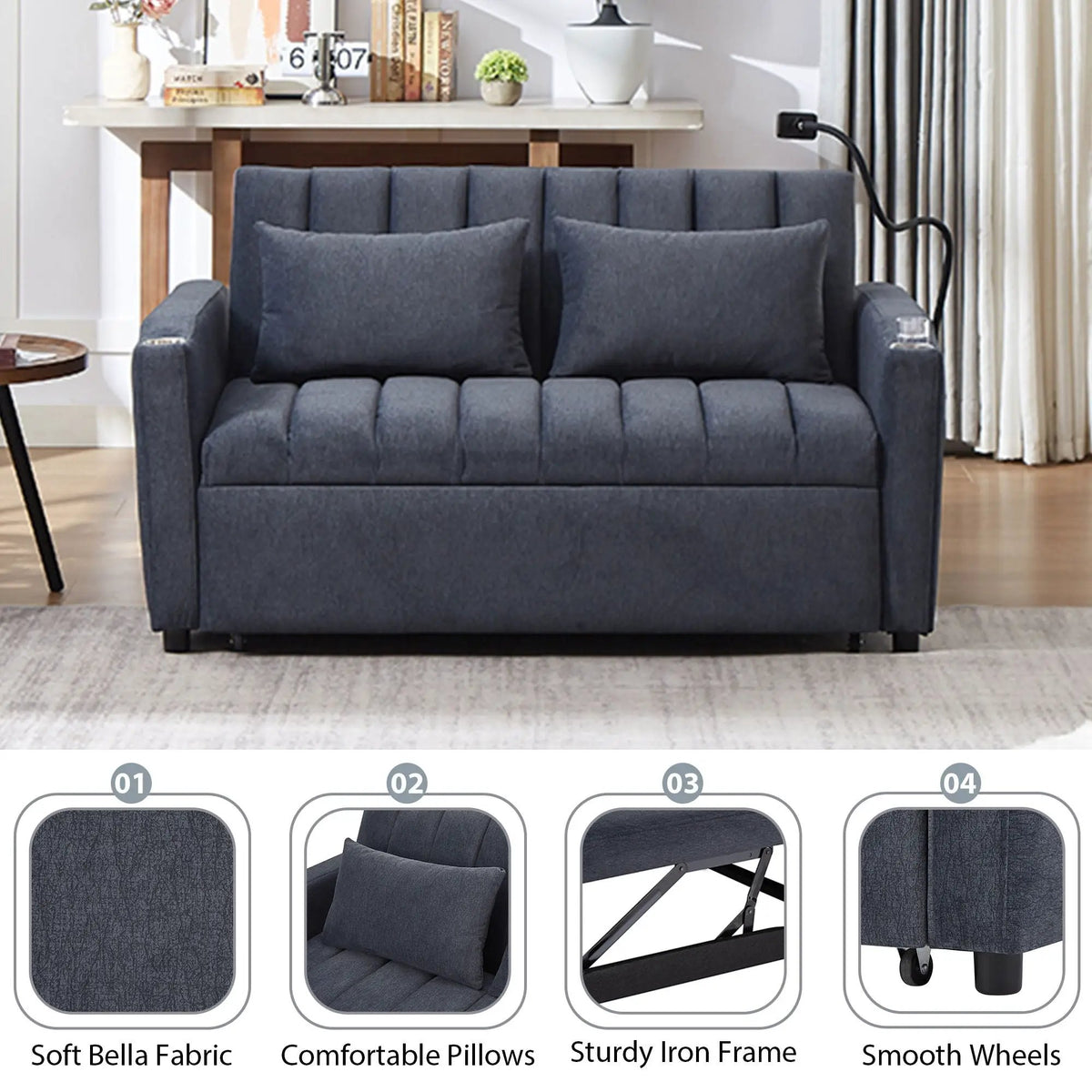 Convertible Sofa Bed | Adjustable Backrest | USB Charging Ports