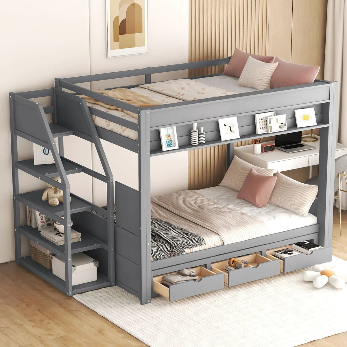 Wood Full Size Convertible Bunk Bed With Storage Staircase, Bedside Table, And 3 | 96.5 x 59.8 x 62.1 in | Pine Wood & Mdf | Gray