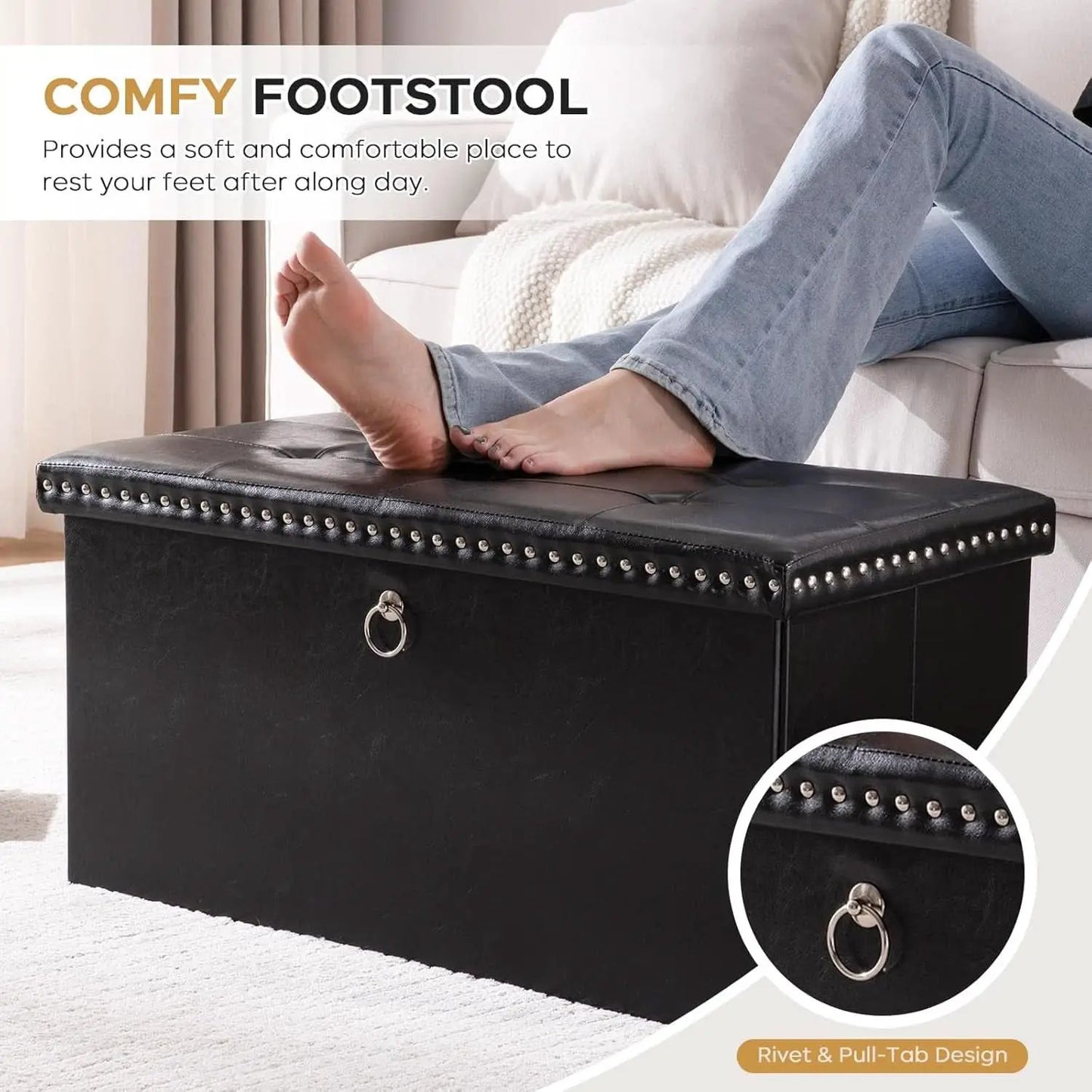 Faux Leather Folding Storage Ottoman 30 Inch Size Black from PriceLows™