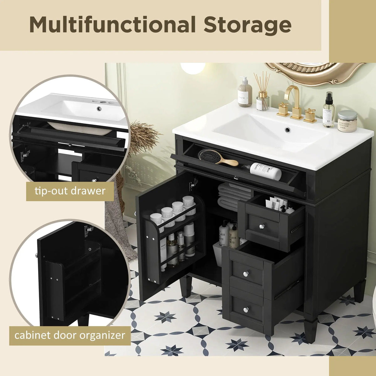 30 Inch Bathroom Vanity With Top Sink | 2 Drawers | Tip-Out Drawer | Vintage-Inspired Handles