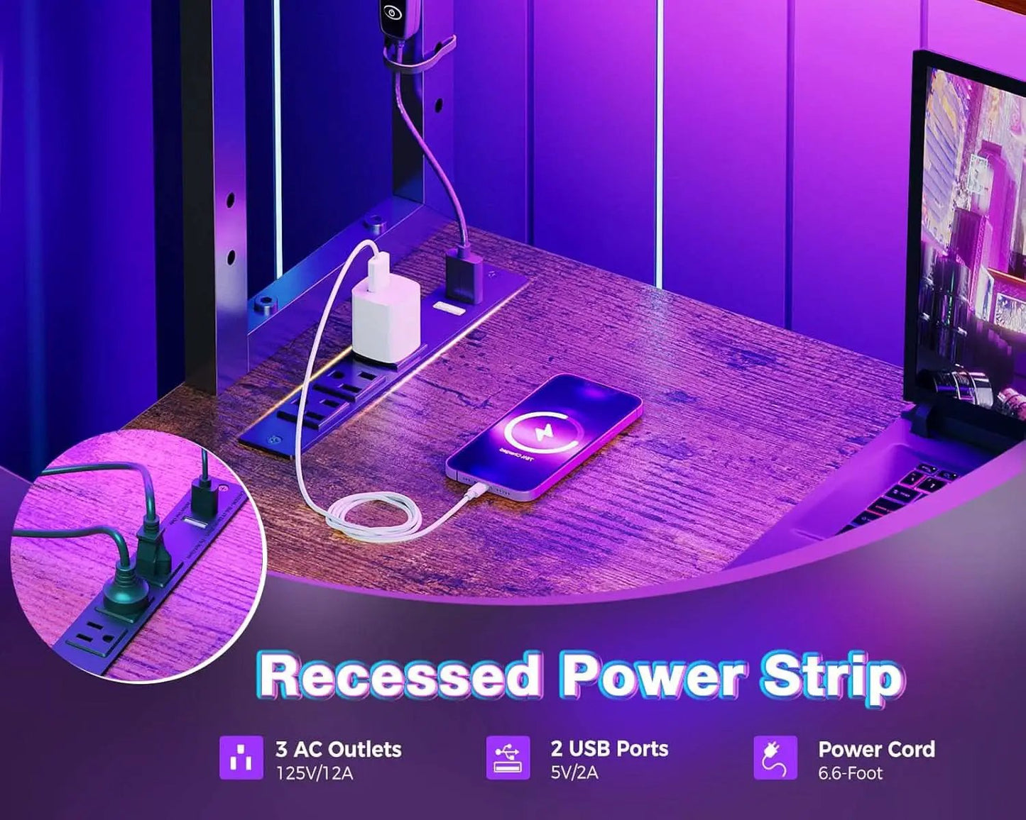 53 Inch L Shaped Desk With LED Lights And Power Outlet from PriceLows™