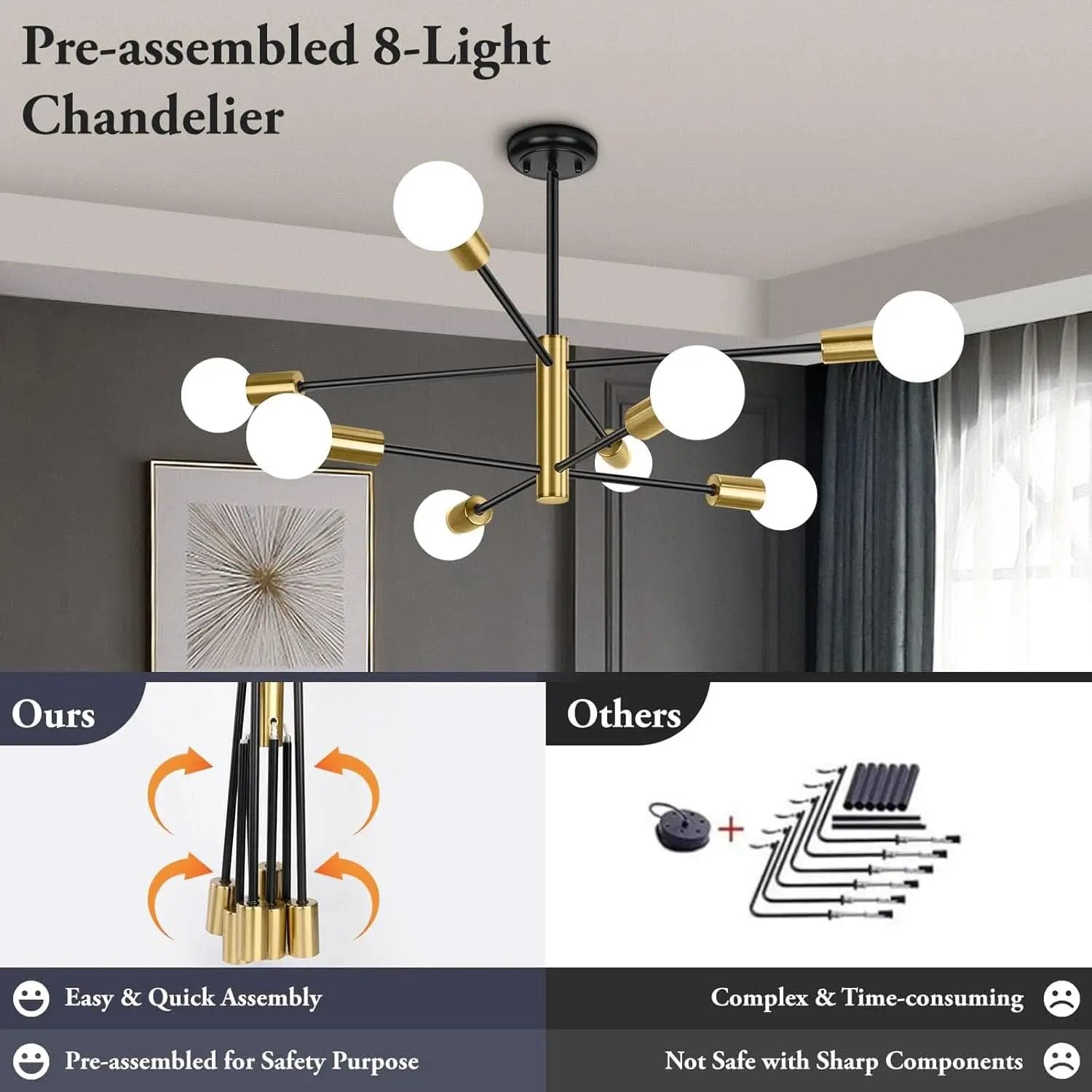 Eight Light Modern Sputnik Chandelier Black And Gold from PriceLows™