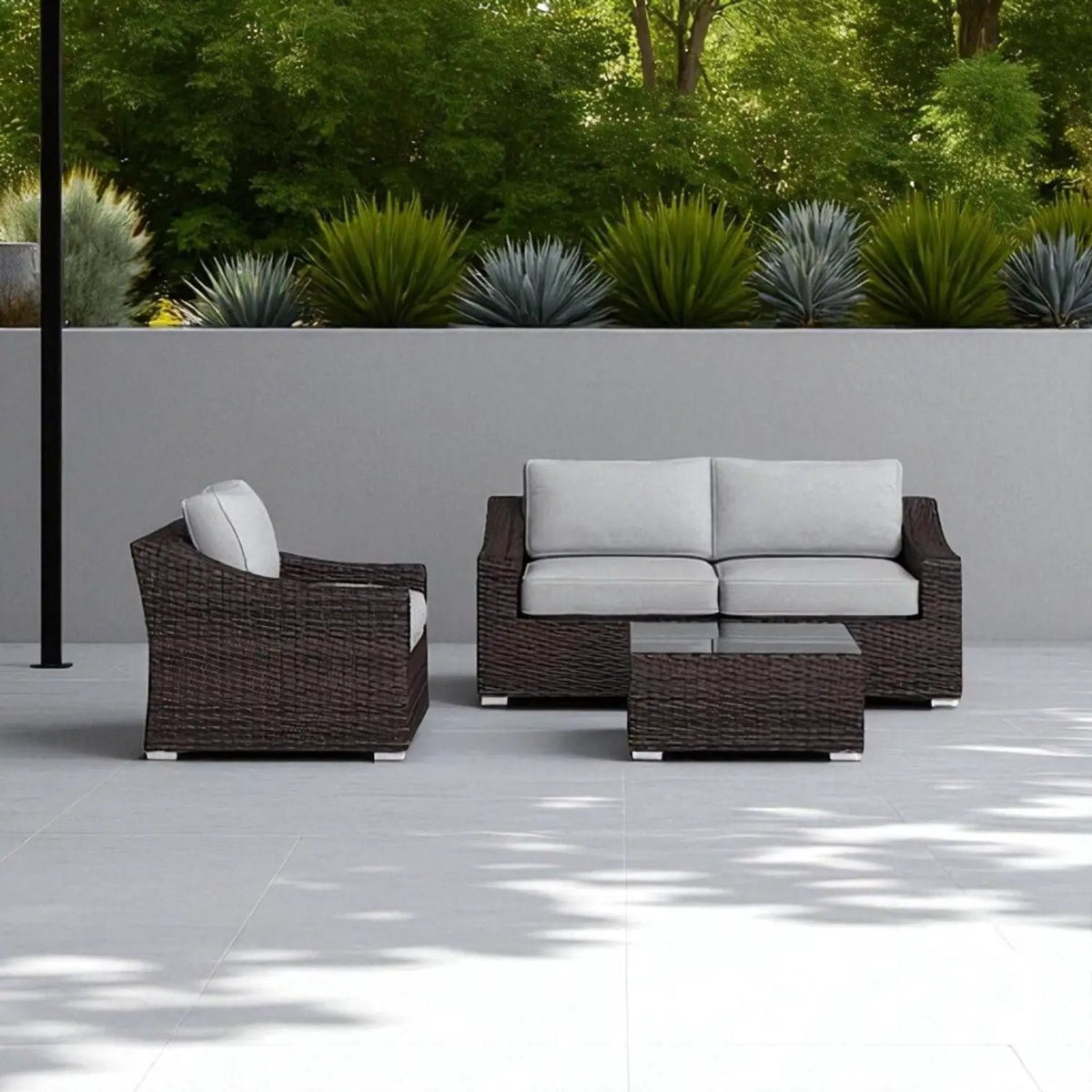 Outdoor Wicker Conversation Set | All-Weather Resin | Tempered Glass Table | 5 Inch Cushions