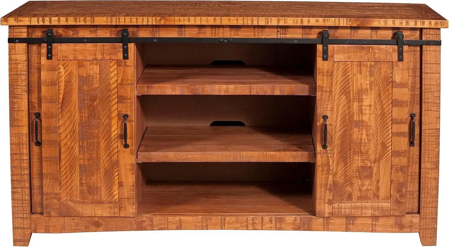65 Inch Solid Wood TV Stand Honey Tobacco With Rustic Doors from PriceLows™