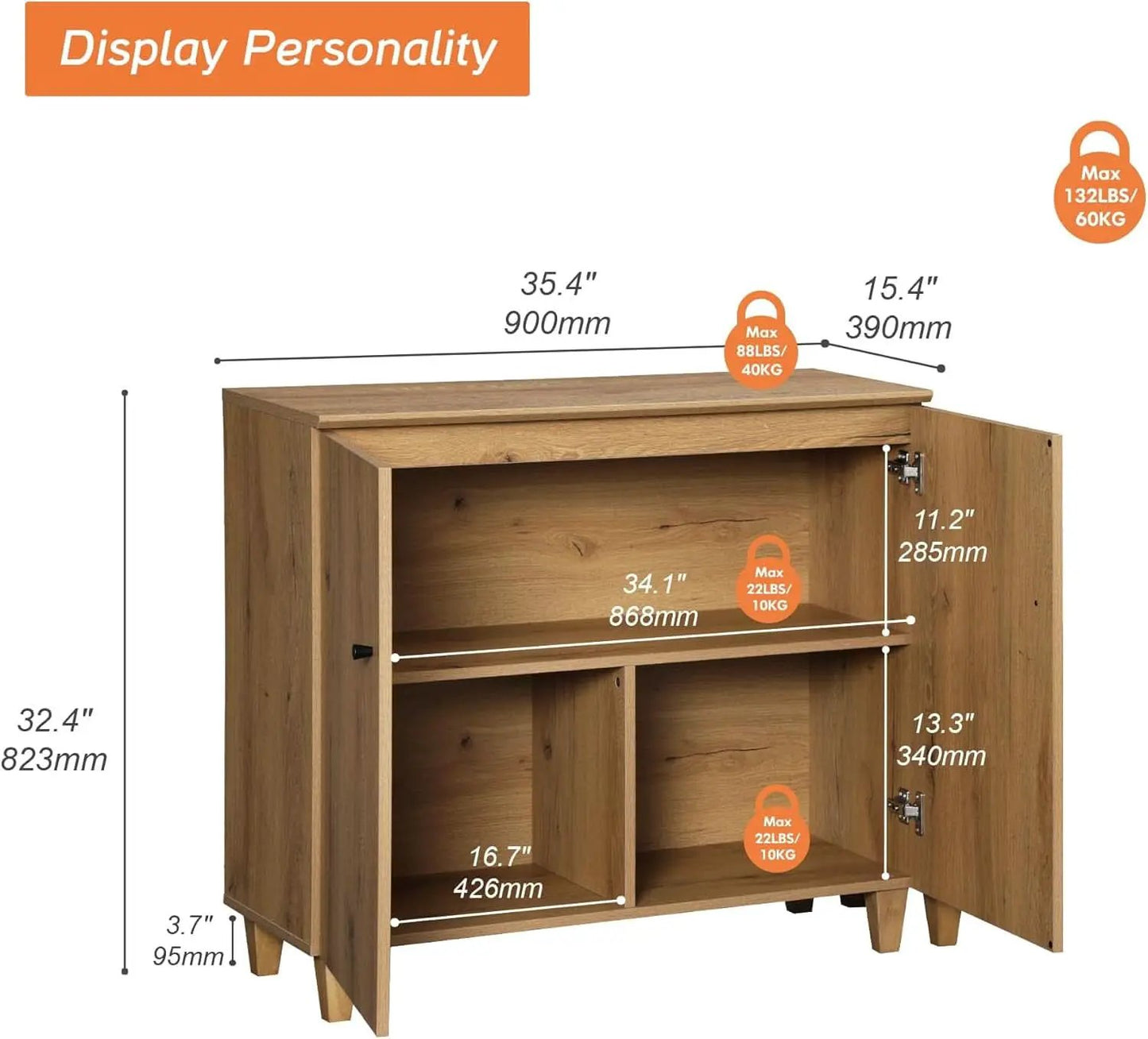 Oak Brown 35-Inch Wide Sideboard Buffet Storage Cabinet from PriceLows™