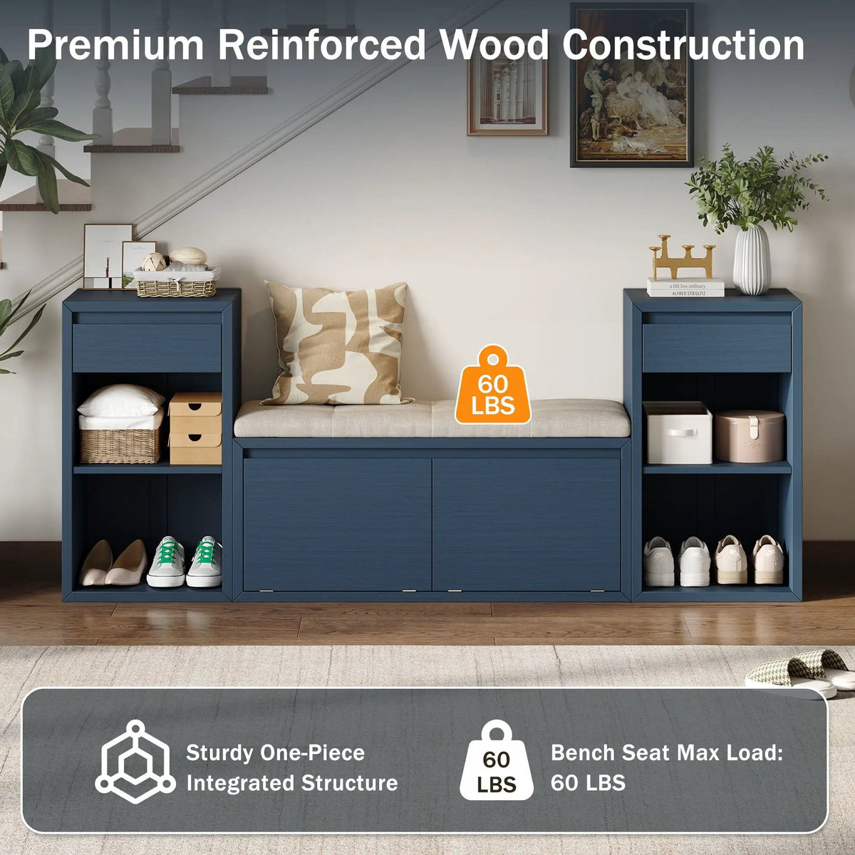 Entryway Storage Bench | Flip Top Compartment | Pine Wood Frame