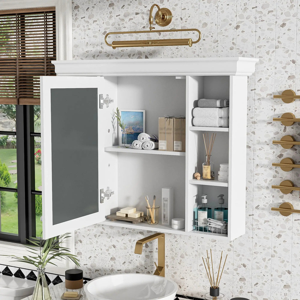 Wall Mounted Bathroom Storage Cabinet | Mirror Door | Silver Metal Handles | Open Shelves