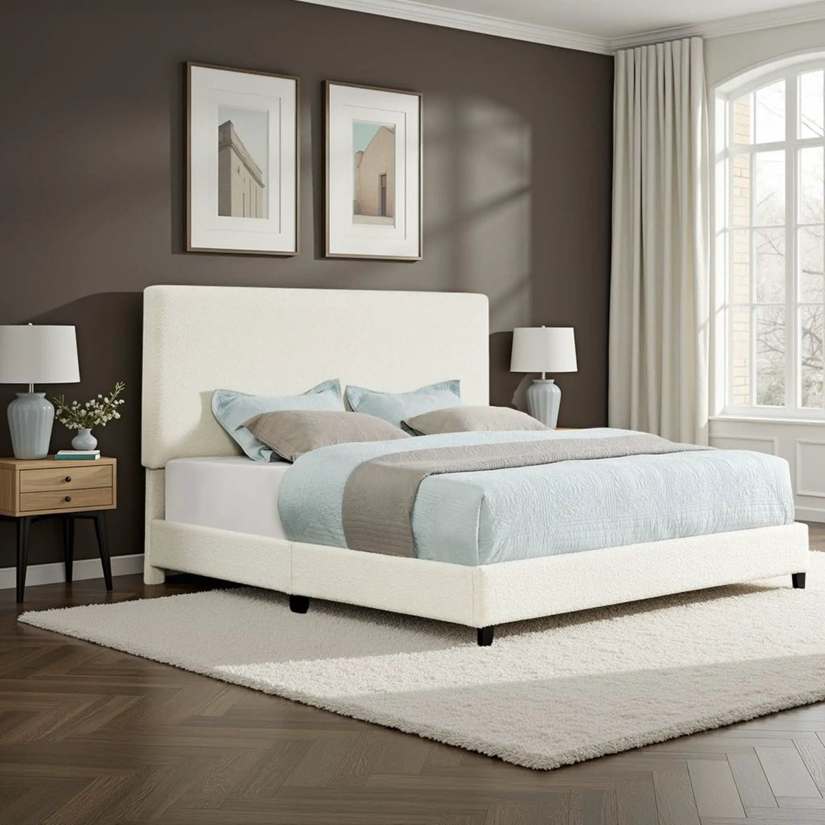 Platform Bed | Upholstered Headboard | Laminated Veneer Lumber | CNC-Cut Plywood Frame