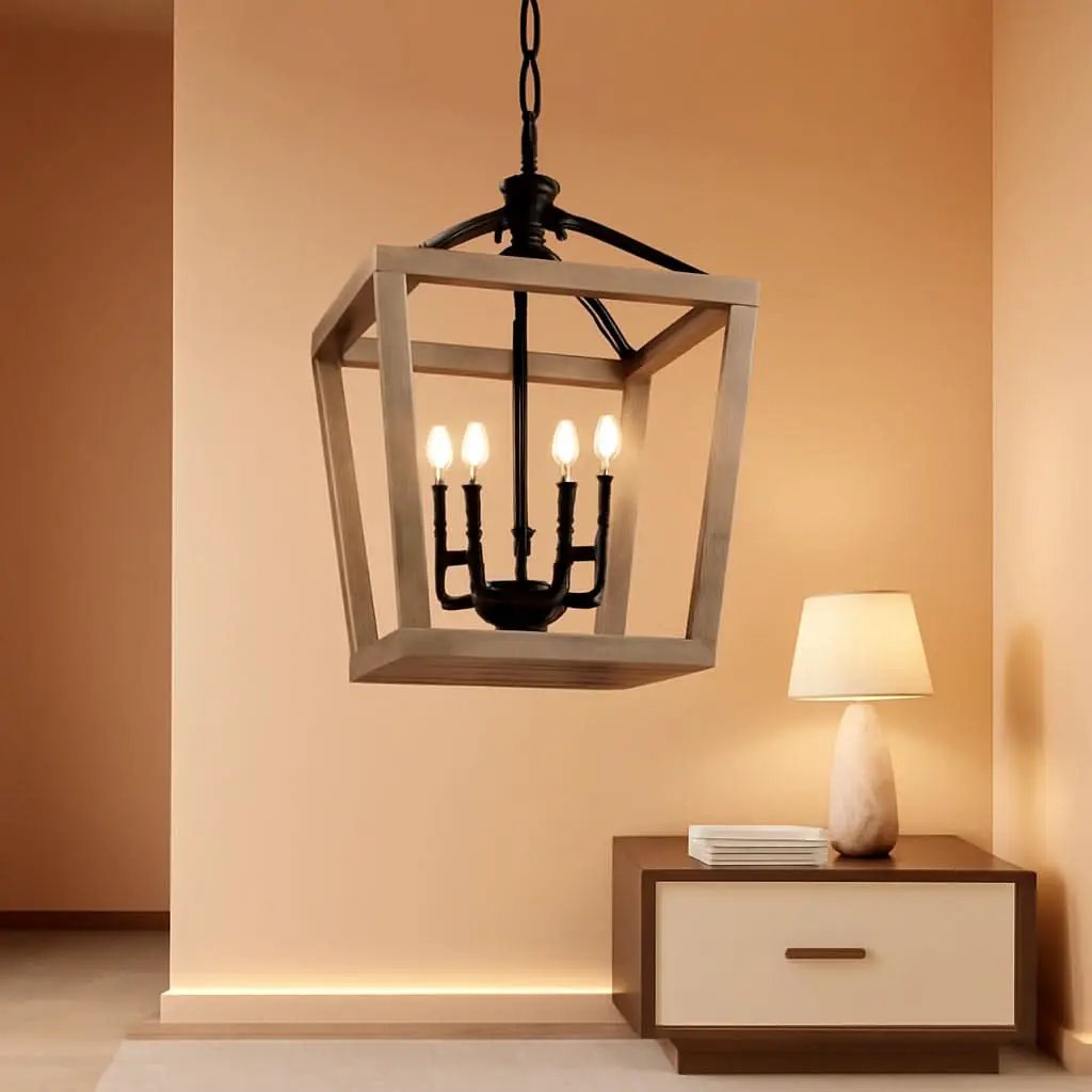 4 Light Farmhouse Chandelier With Rustic Wood Cage Light from PriceLows™