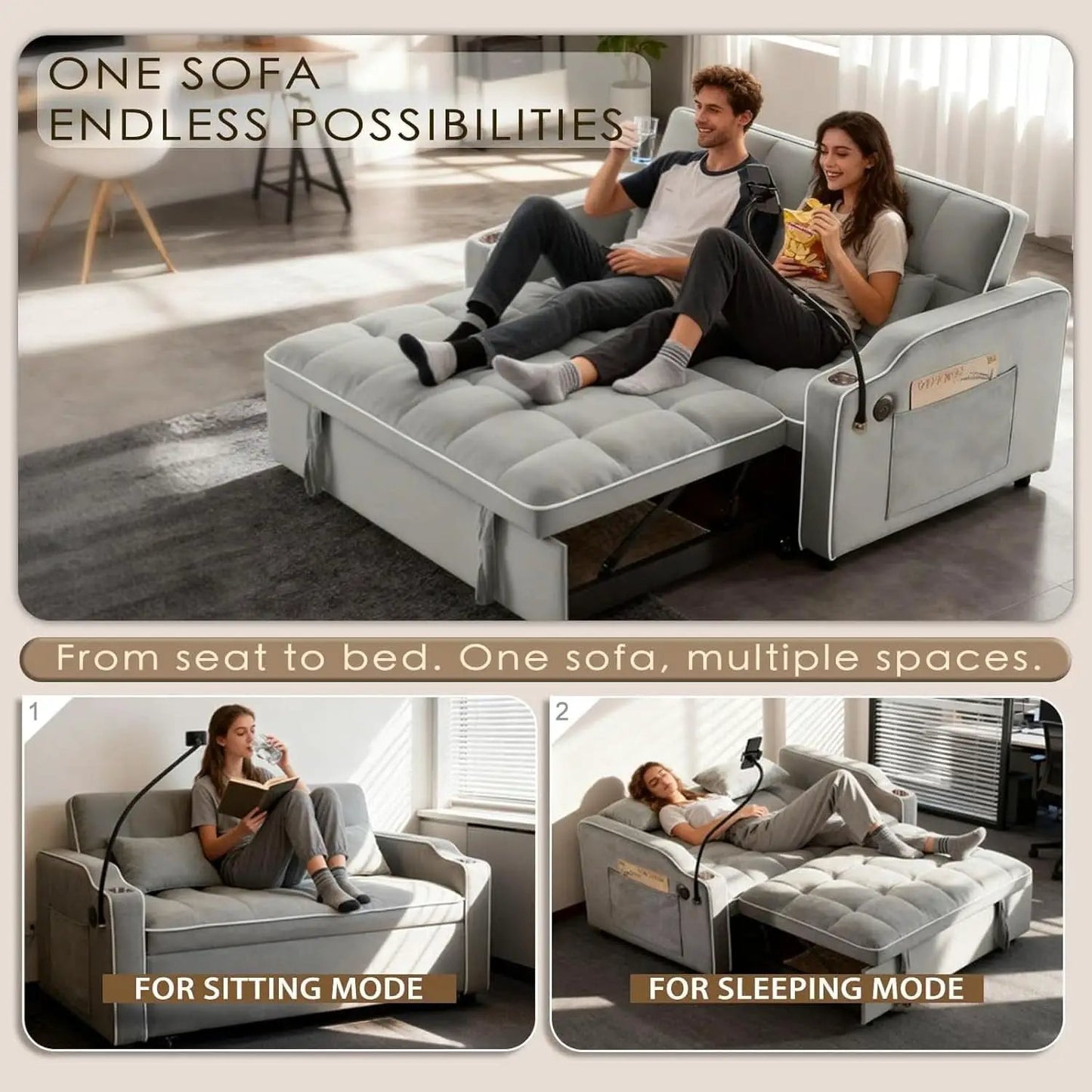 Grey Convertible Sleeper Loveseat Bed With ThreeInOne from PriceLows™