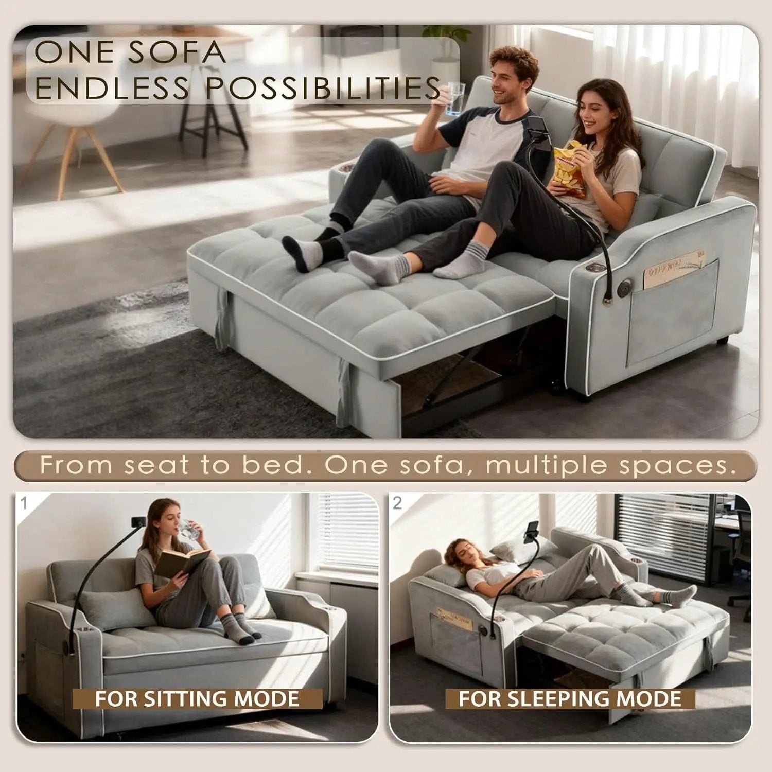 Grey Convertible Sleeper Loveseat Bed With ThreeInOne from PriceLows™
