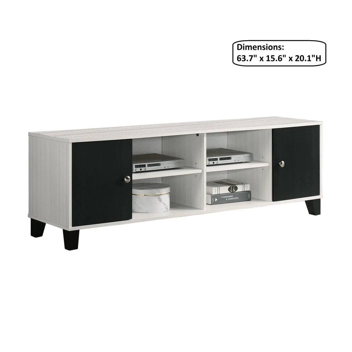 2 Tone TV Stand With Open Shelving And Concealed Storage Living Room Furniture Black | 63.7 x 15.6 x 20.1 in | Wood | White
