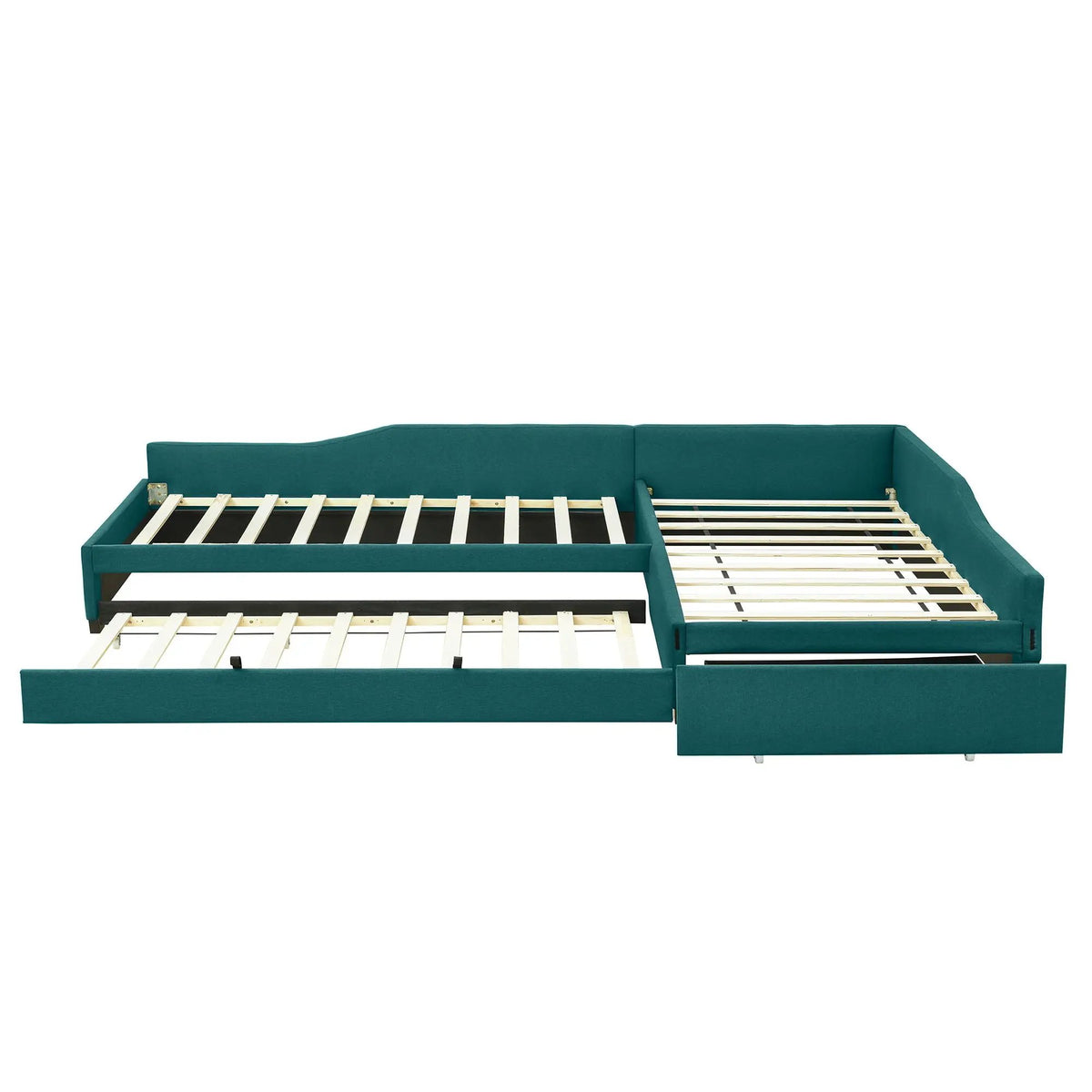 Upholstered Double Daybed | Trundle And Drawer | Two Twin Beds | 120 Inch Length