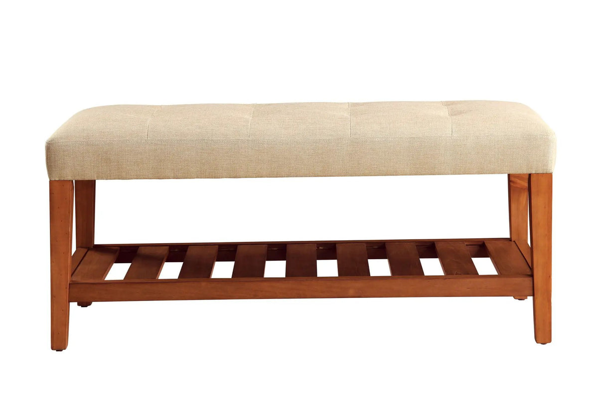 Charla Upholstered Bench | Tufted Fabric Seat | Oak Color Scheme | Armless Rectangular Design