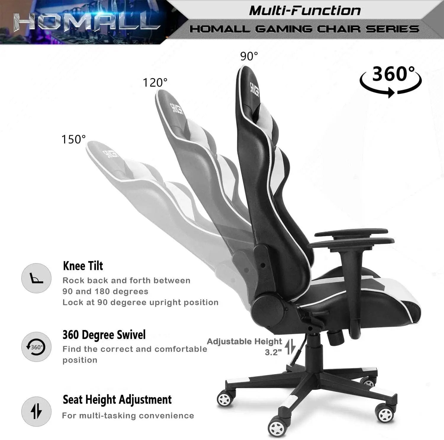 White Leather Ergonomic Gaming Chair With Lumbar Support from PriceLows™