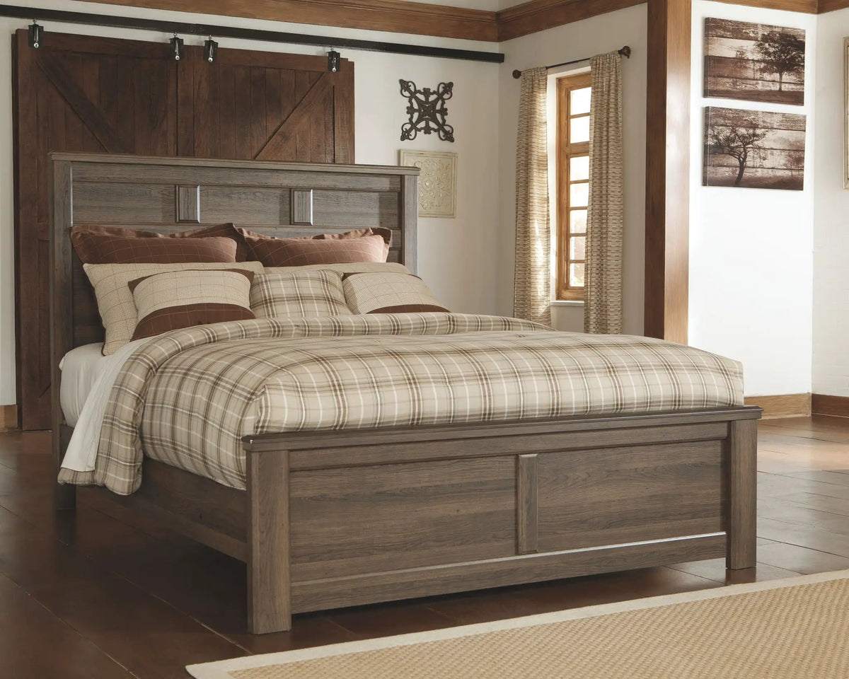 Juararo Panel Bedroom Set | 4-Piece | Aged Brown Rough Sawn Finish | Pewter Hardware