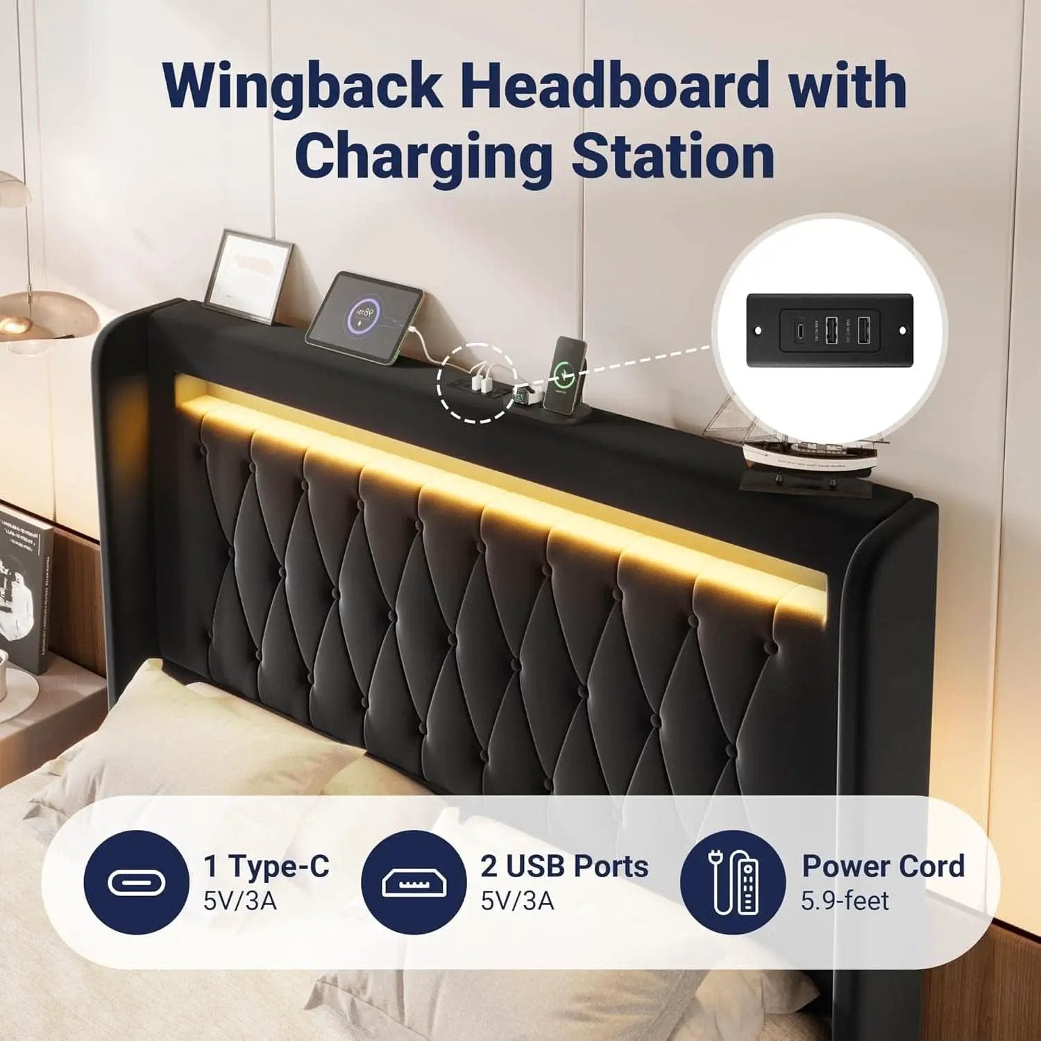Full Size Bed Frame LED Lighting And USB Charging Black from PriceLows™