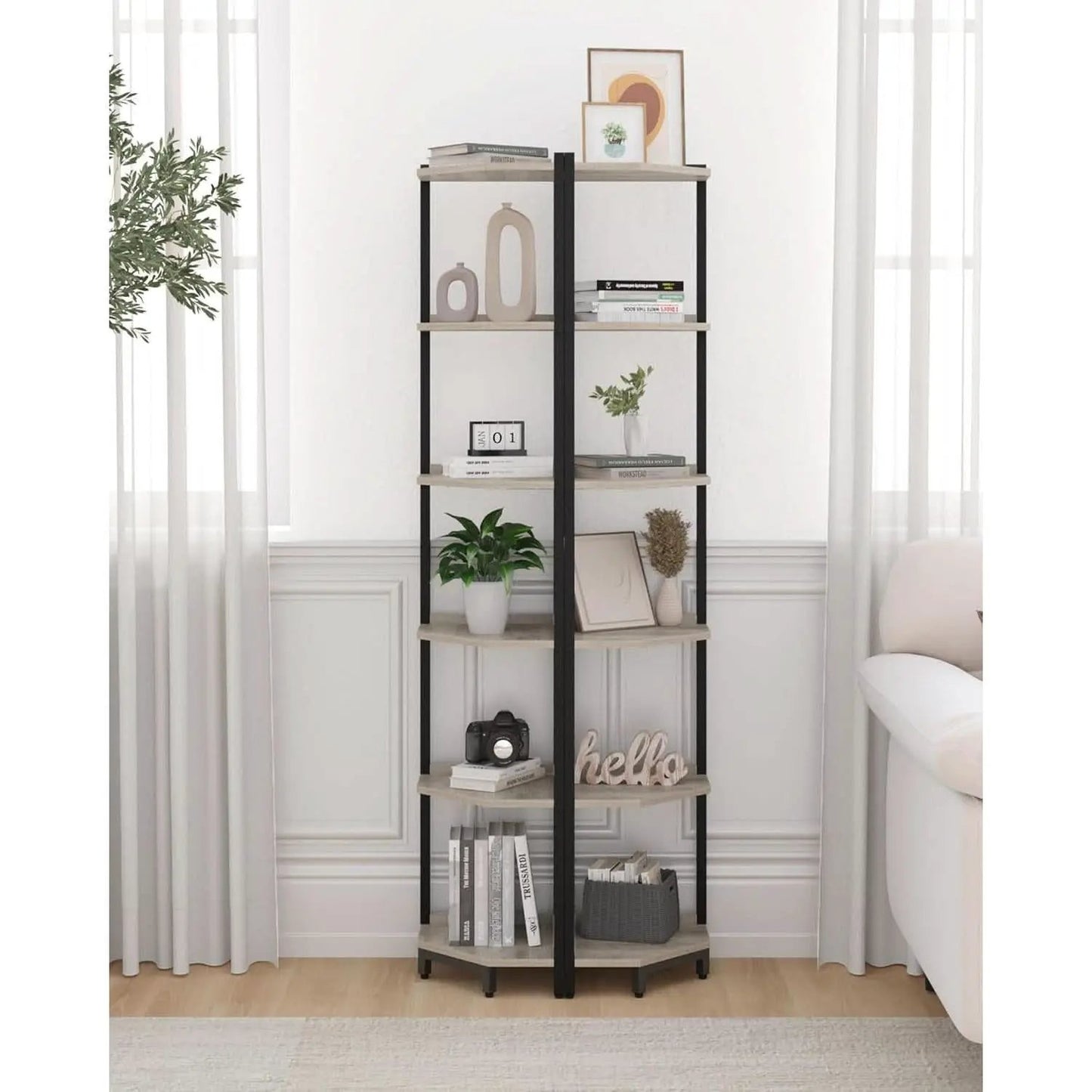 6-Tier Greige Corner Shelf Stand For Living Room And Office from PriceLows™