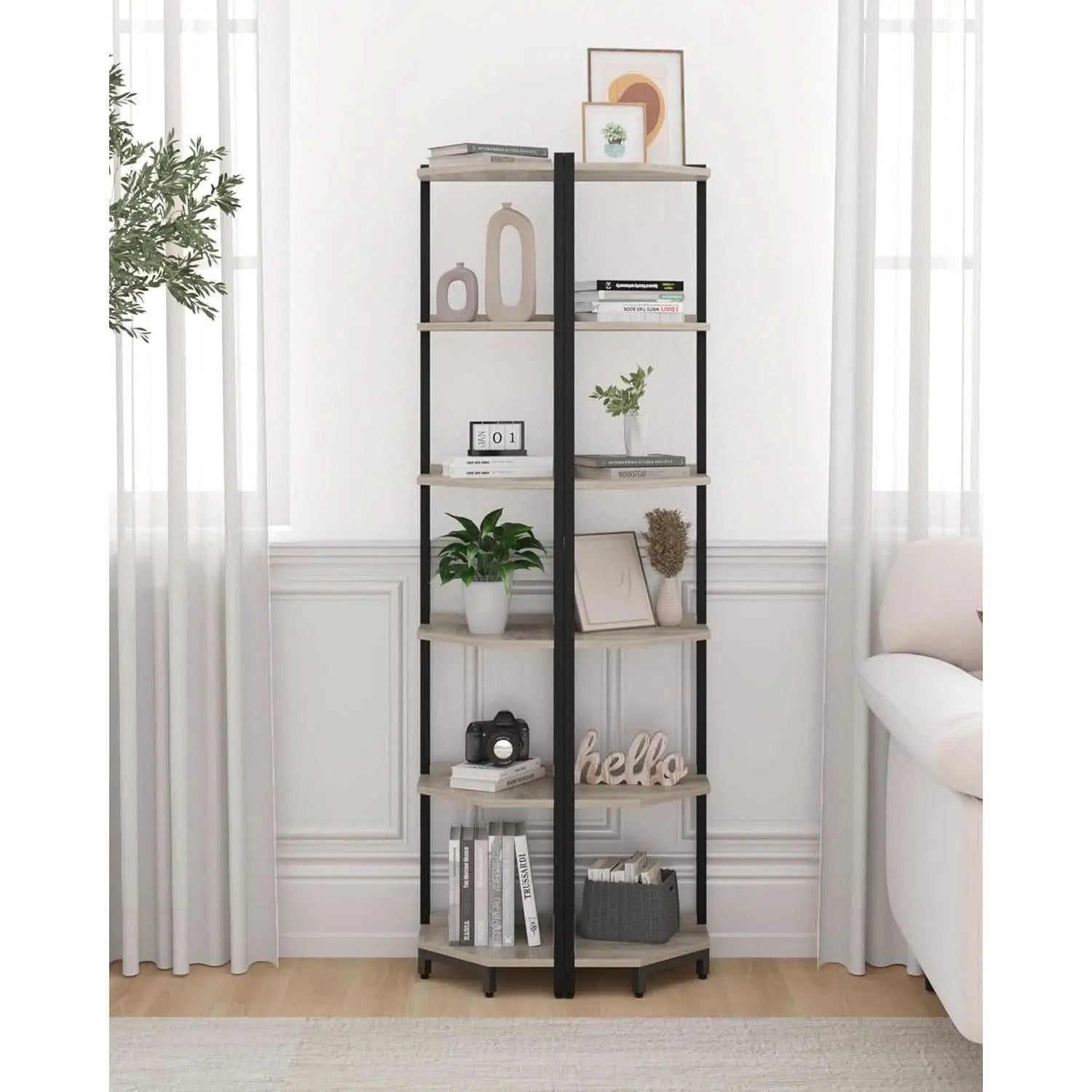6-Tier Greige Corner Shelf Stand For Living Room And Office from PriceLows™