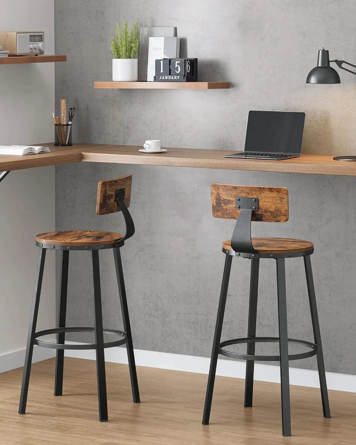 Bar Stools Set Of 2 Counter Height 28.7 Inch With Back Rustic Brown And Black from PriceLows™