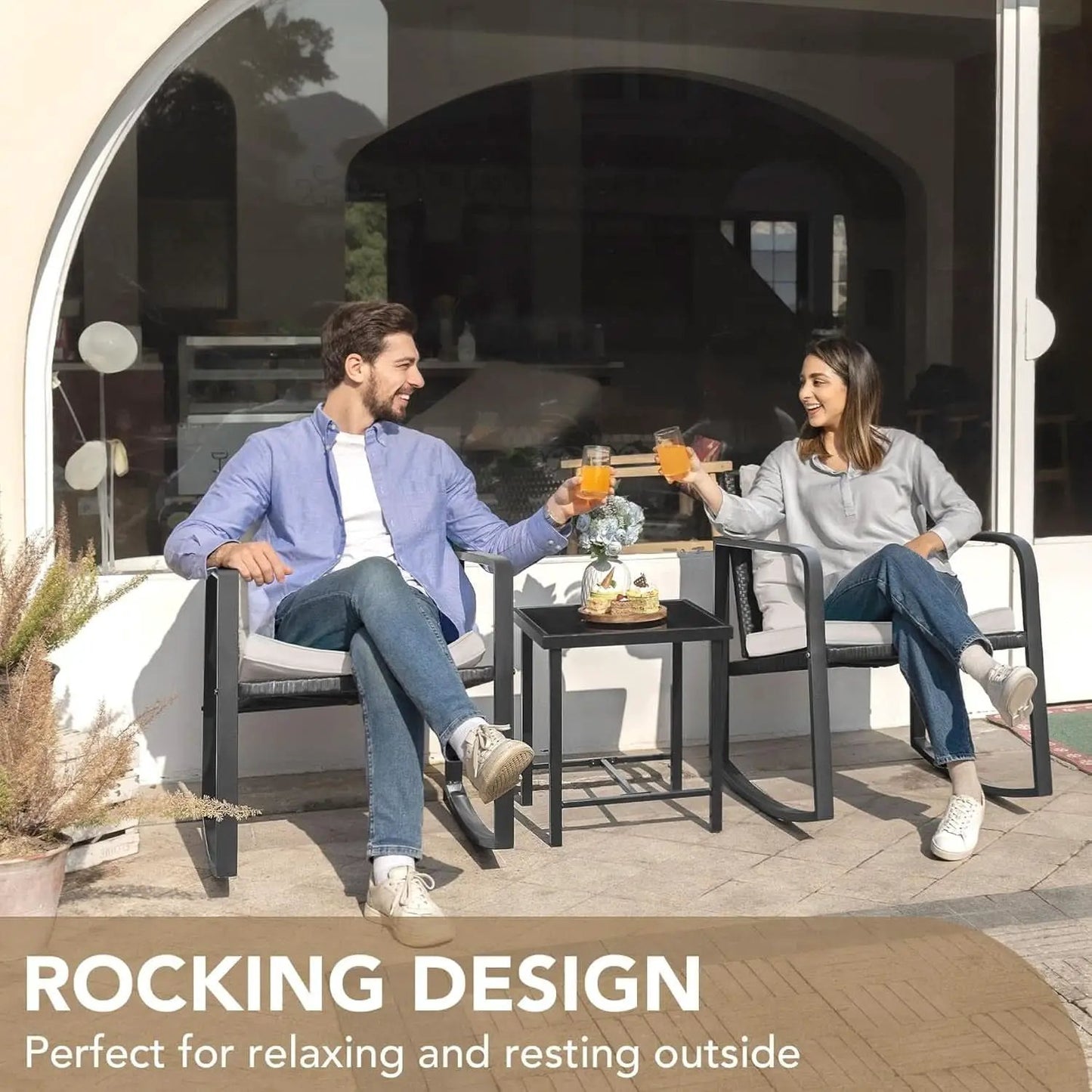 Beige 3 Piece Rocking Patio Bistro Set With Tempered Glass Coffee Table For Outdoor Furniture from PriceLows™