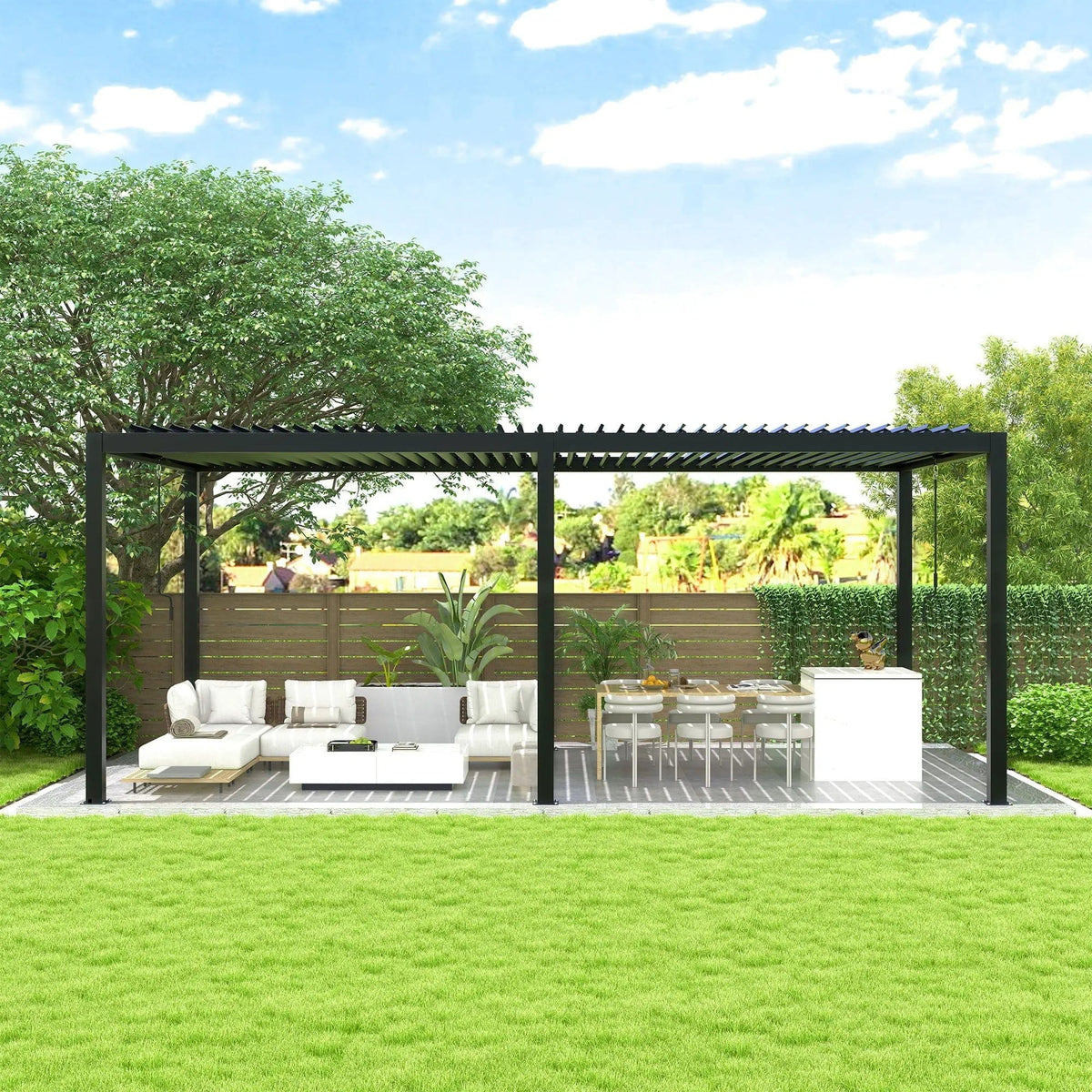 Louver Pergola Steel Louvers & Frame - Umbrella & Canopy | 228 x 118 x 90.5 in | Steel & Aluminum | Black