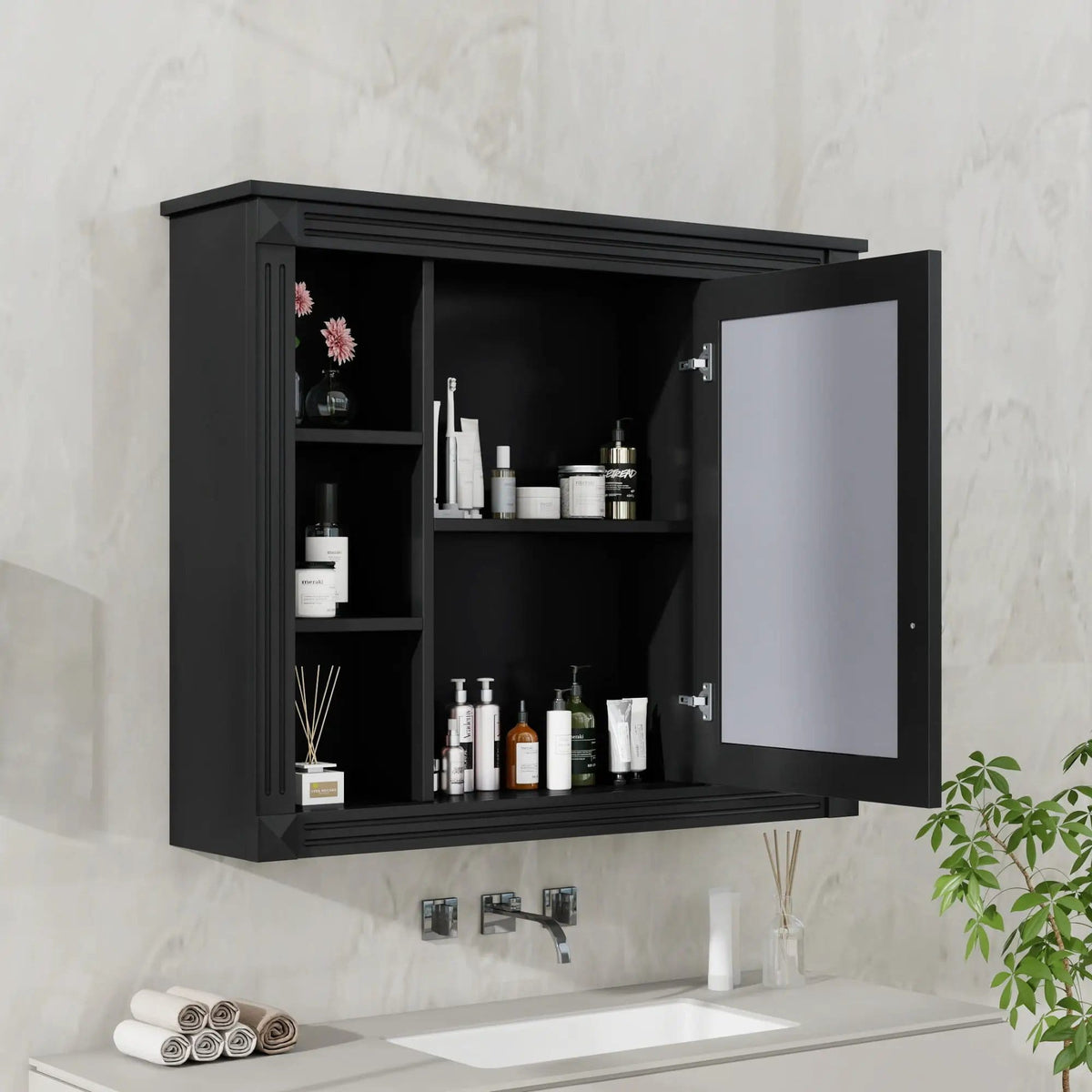 Wall-Mounted Bathroom Storage Cabinet With Mirror, 6 Open Shelves - | 35 x 7.1 x 28.7 in | Metal & Mdf | Black