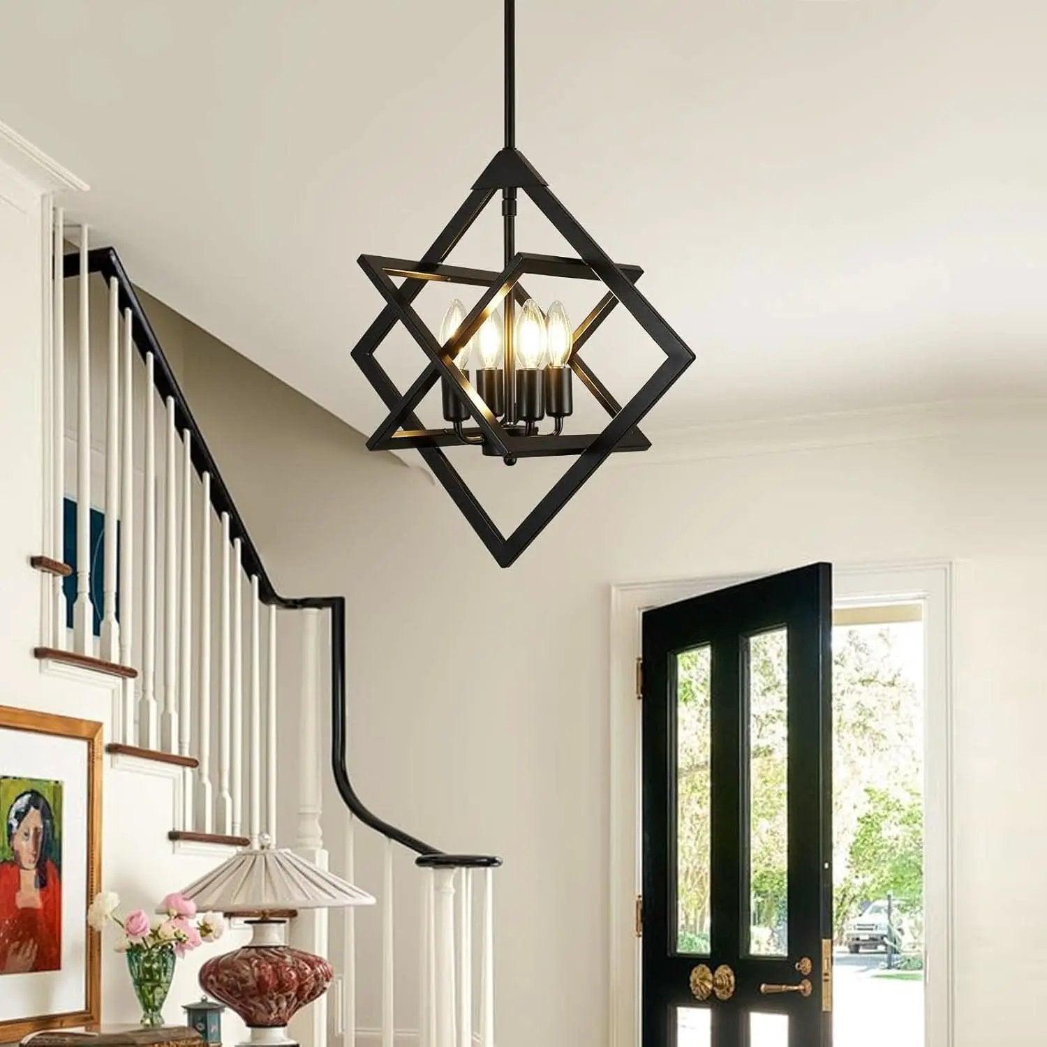 18 Inch Black Geometric Industrial Farmhouse Chandelier With 4 Lights Adjustable Height from PriceLows™