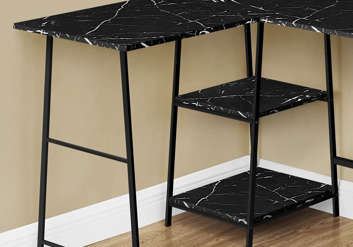 Marble Look L-Shaped Corner Desk | 47.25 Inch Width | 2 Open Shelves | Sawhorse Metal Legs