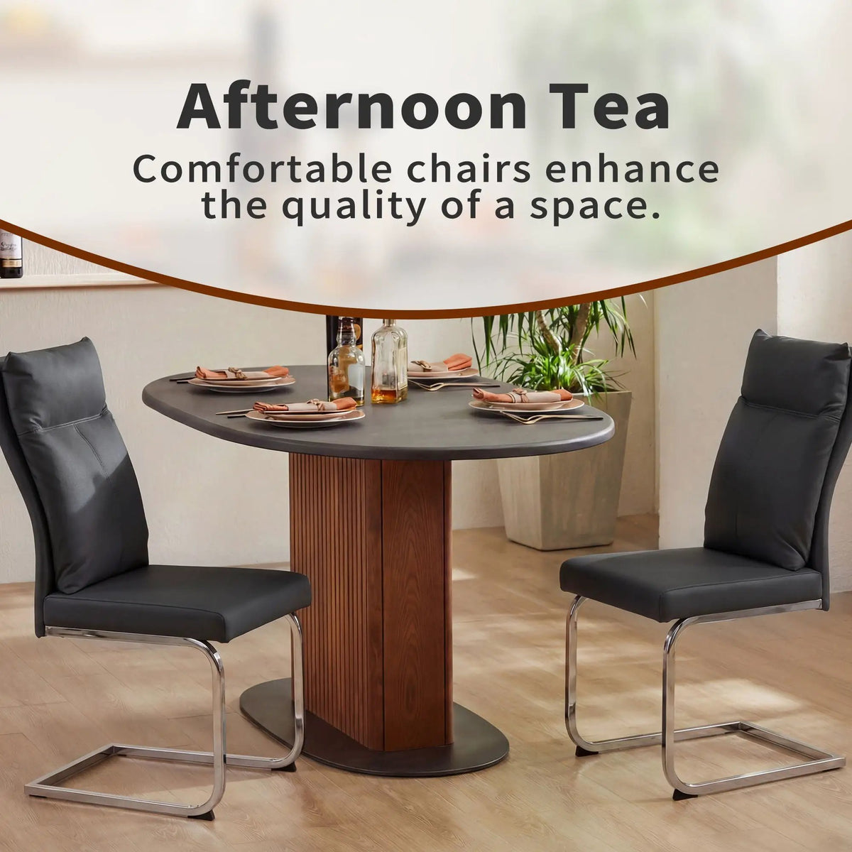 Modern Dining Chairs | Set Of 2 | Soft Cushion Backrest | C-Shaped Chrome Base