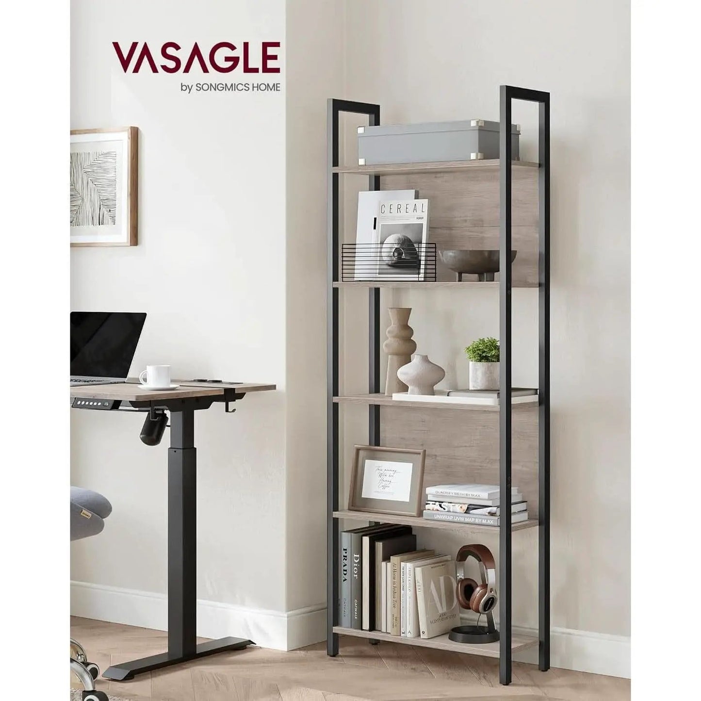 5 Tier Bookshelf Steel Frame 9.4Dx24.4Wx65H Greige Black from PriceLows™