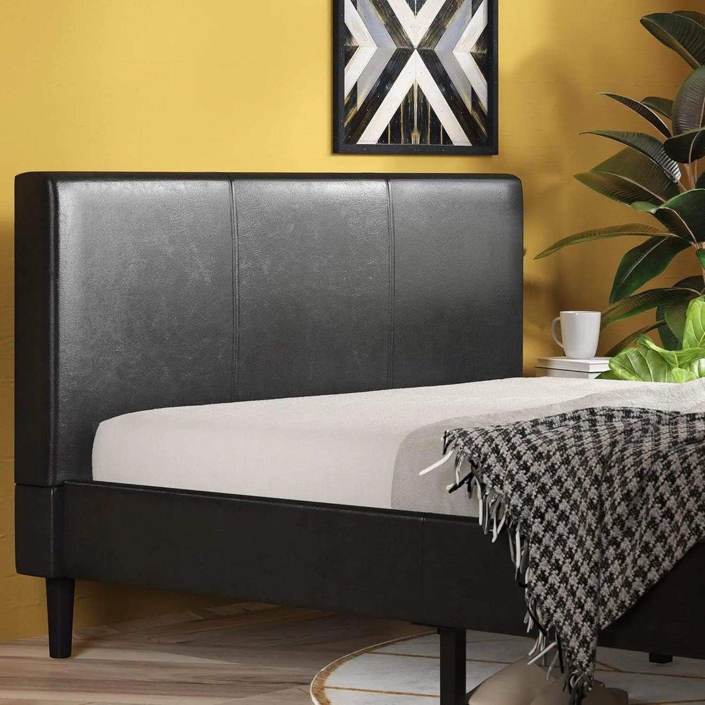 Queen Faux Leather Platform Bed Frame With Wood Slats from PriceLows™