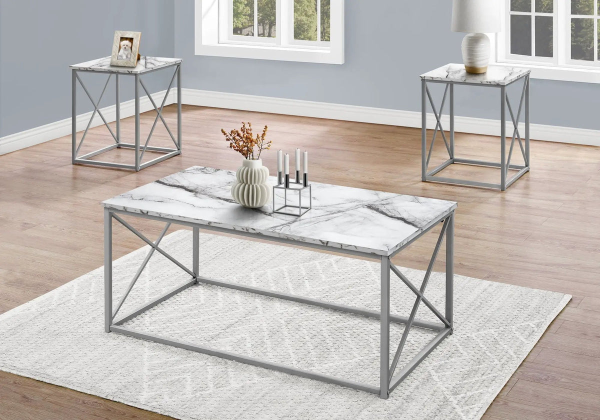 Marble Look Coffee Table Set | Set Of 3 | Metal X Design Frame | Contemporary Modern Style