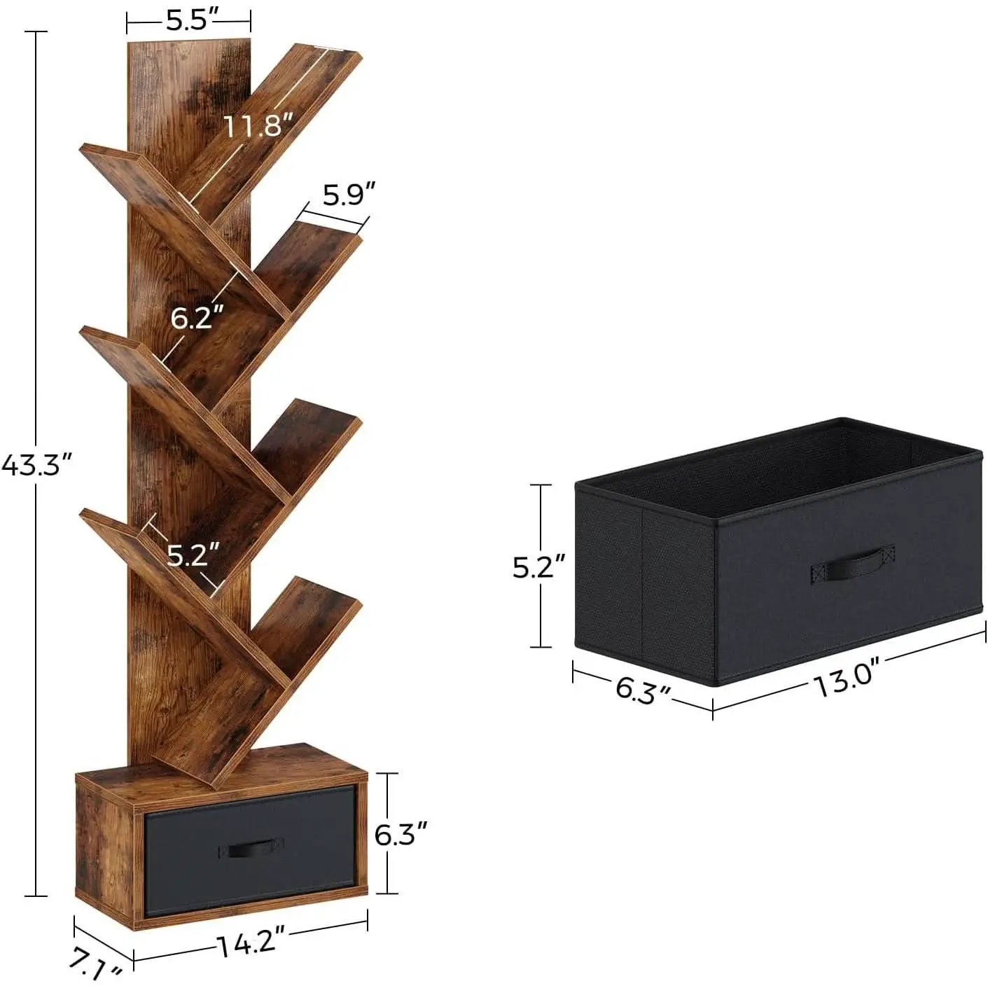 Rustic Brown 7 Shelf Tree Bookshelf With Drawer Living Room from PriceLows™