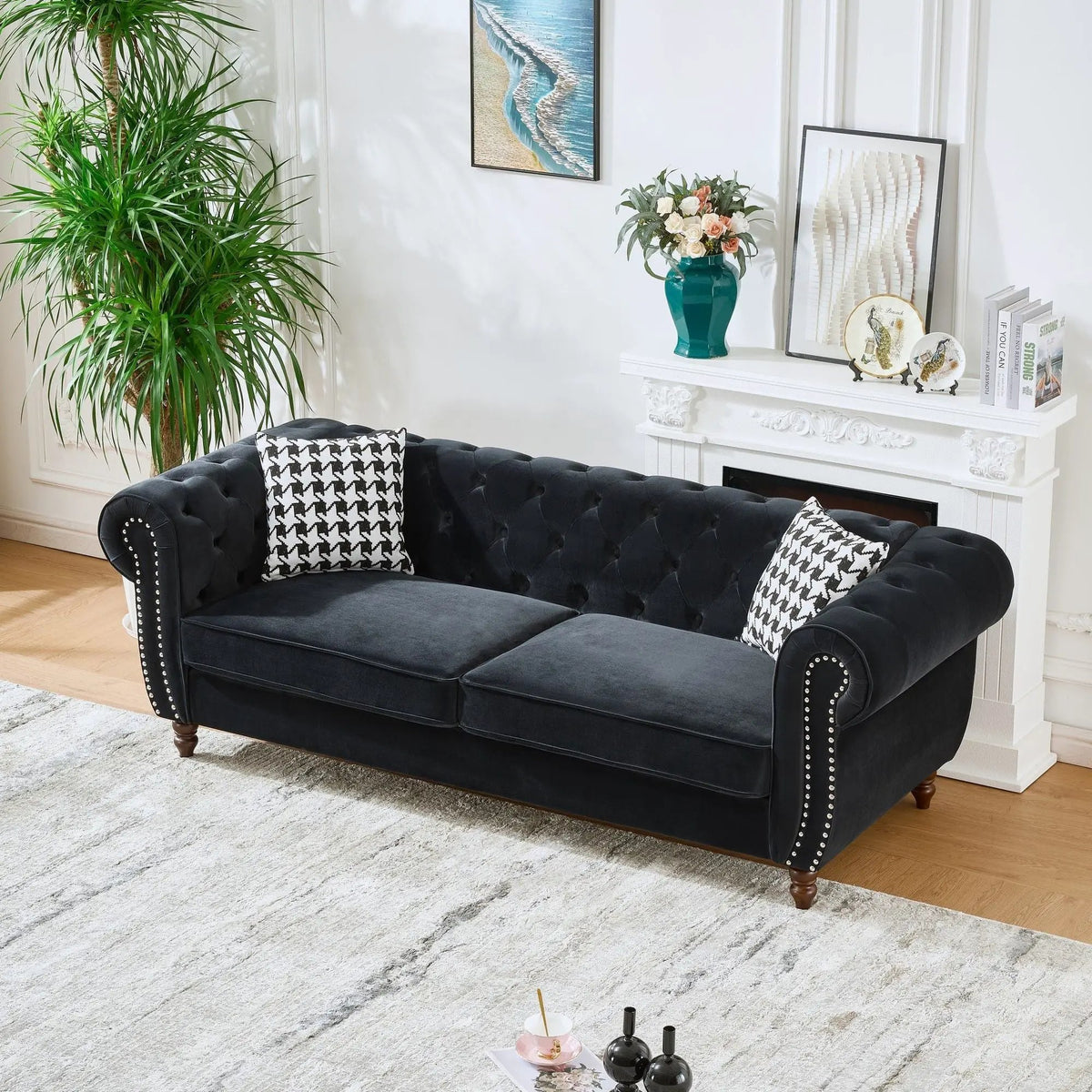 Chesterfield Fabric Sofa | Rolling Arms | Nailhead Trim | 3 Seater