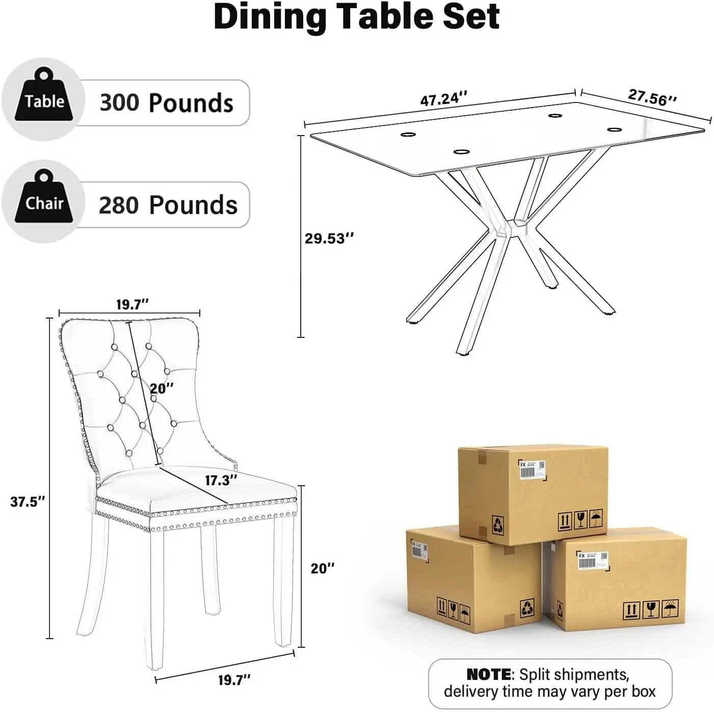 BlackGlassDiningSetForFourTuftedChairsWithNonSlipFeet from PriceLows™