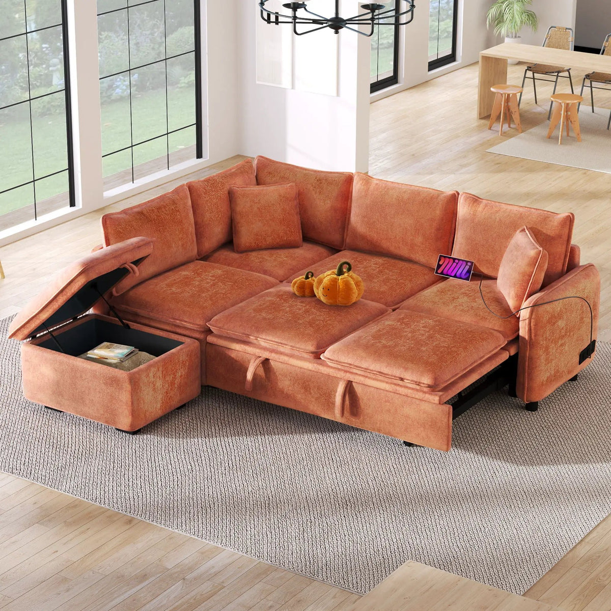 Convertible Sofa Bed | L Shaped Sectional | Storage Ottoman | Two USB Ports