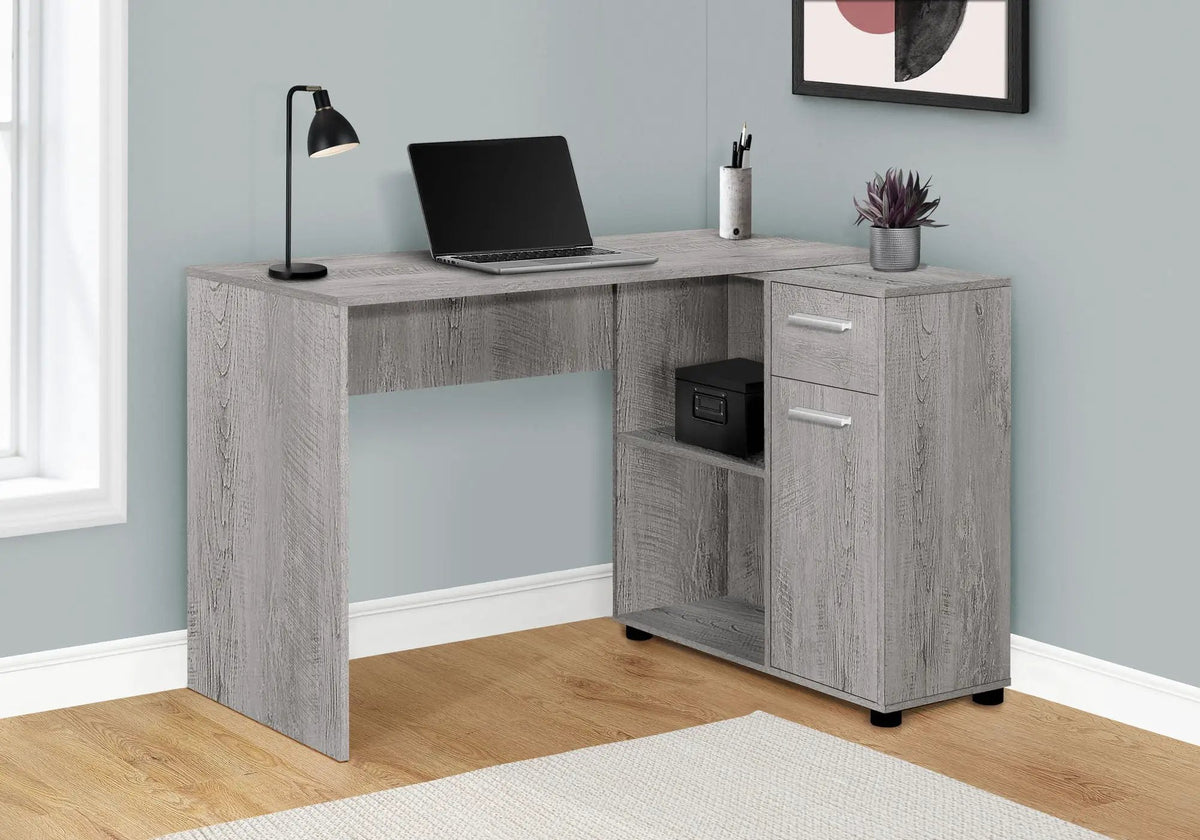 L-Shaped Industrial Desk | 46 Inch Width | Wood-Look Finish | Open And Closed Storage