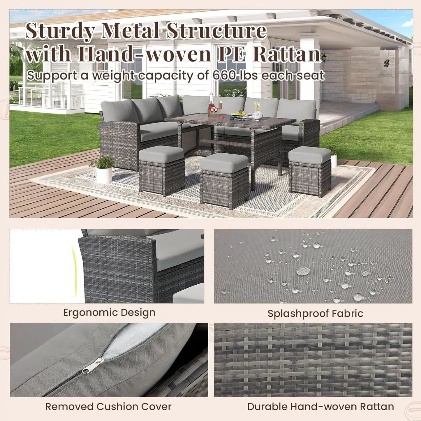 7 Piece Outdoor Patio Sectional Set All Weather Wicker Grey Cushions from PriceLows™