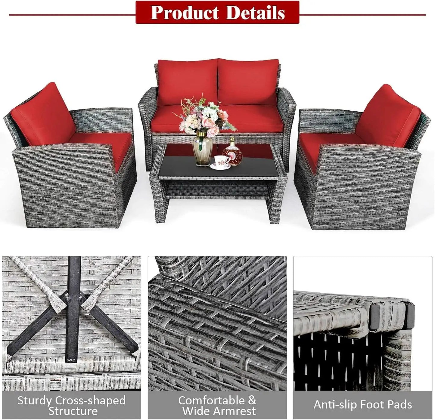 4 Piece All Weather Patio Furniture Set With Cushions And Glass Table from PriceLows™