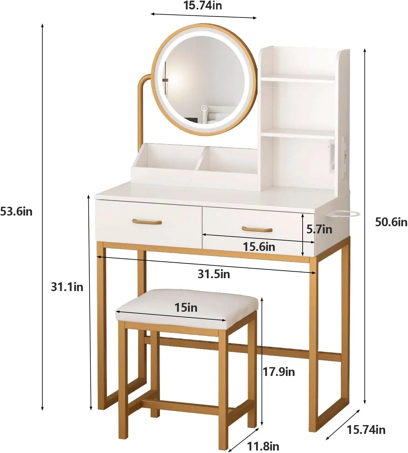 White Round LED Makeup Vanity Mirror With Charging Station 31.5 Inch from PriceLows™