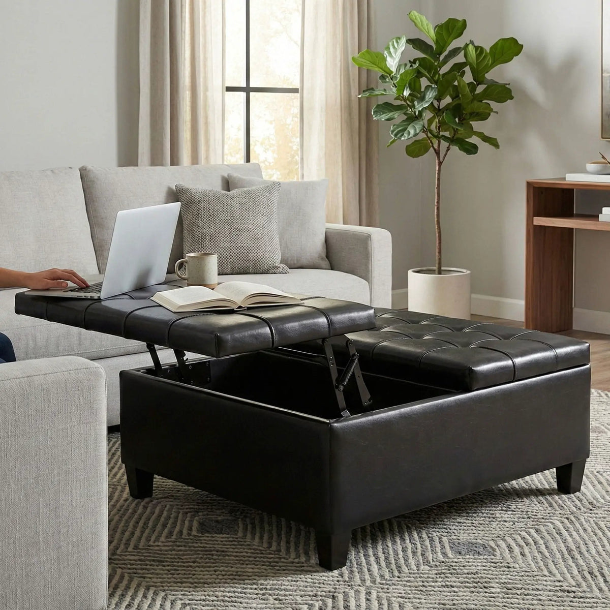 Harrison Large Coffee Table Storage Ottoman | Split Lift-Up Top | Square Design | 36 Inch Width