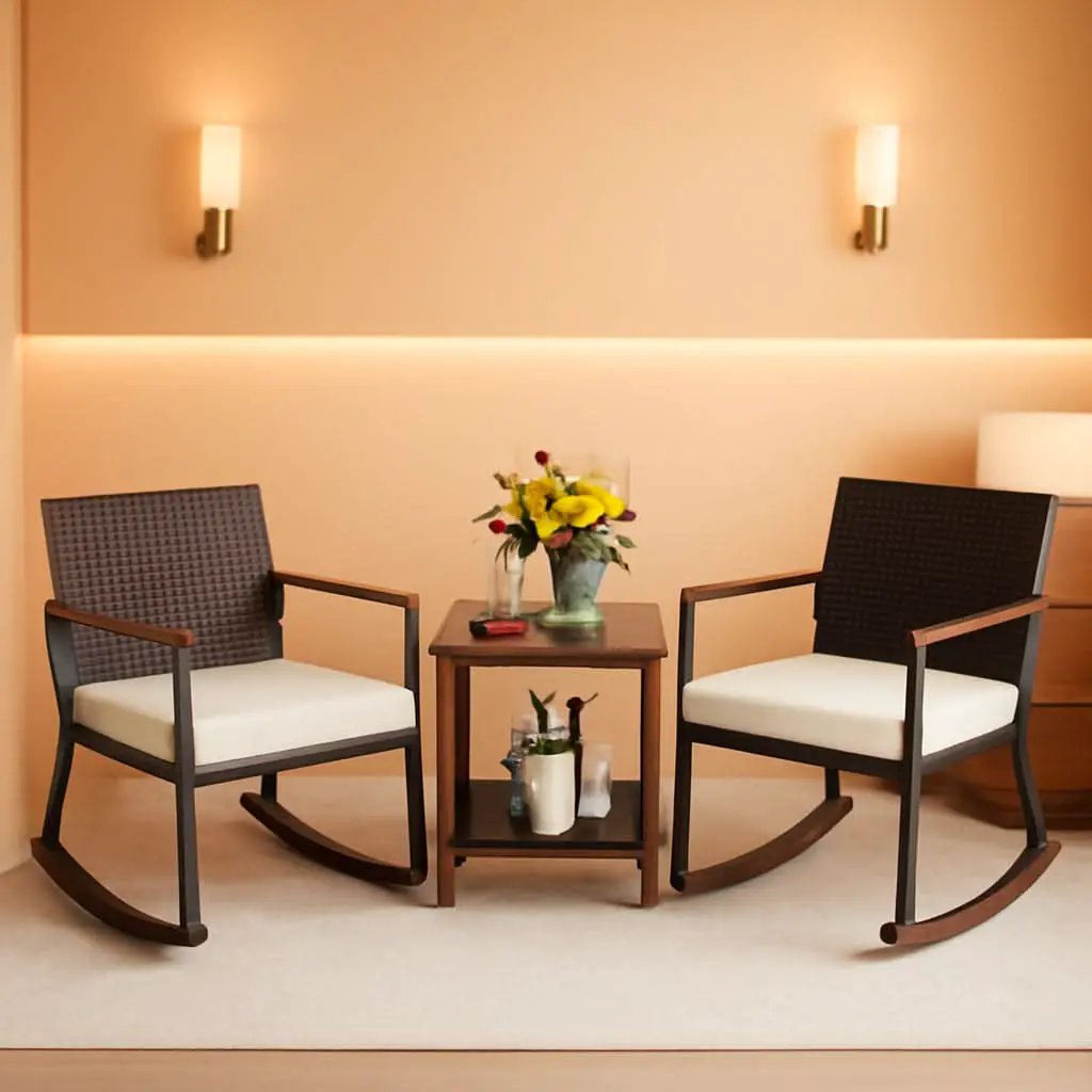 Three Piece Rocking Bistro Set With Cushions And Coffee Table For Outdoor Rattan Patio Off White from PriceLows™