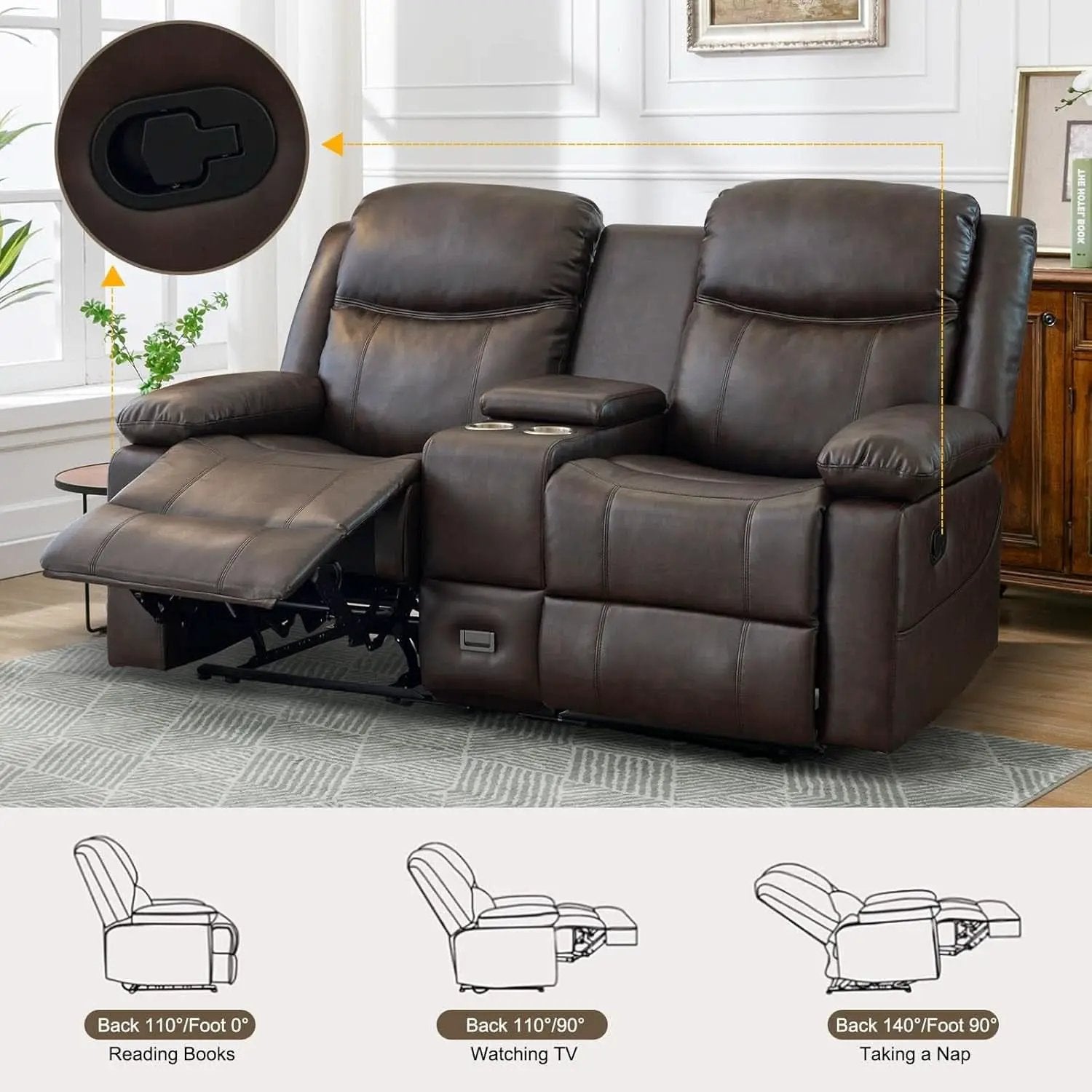 Brown PU Leather Two Seater Loveseat Recliner With Console And Double Reclining from PriceLows™