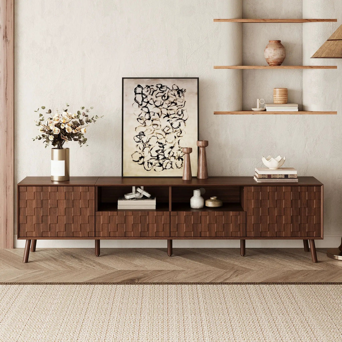 TV Stand | Solid Wood Frame | Cable Management | Walnut