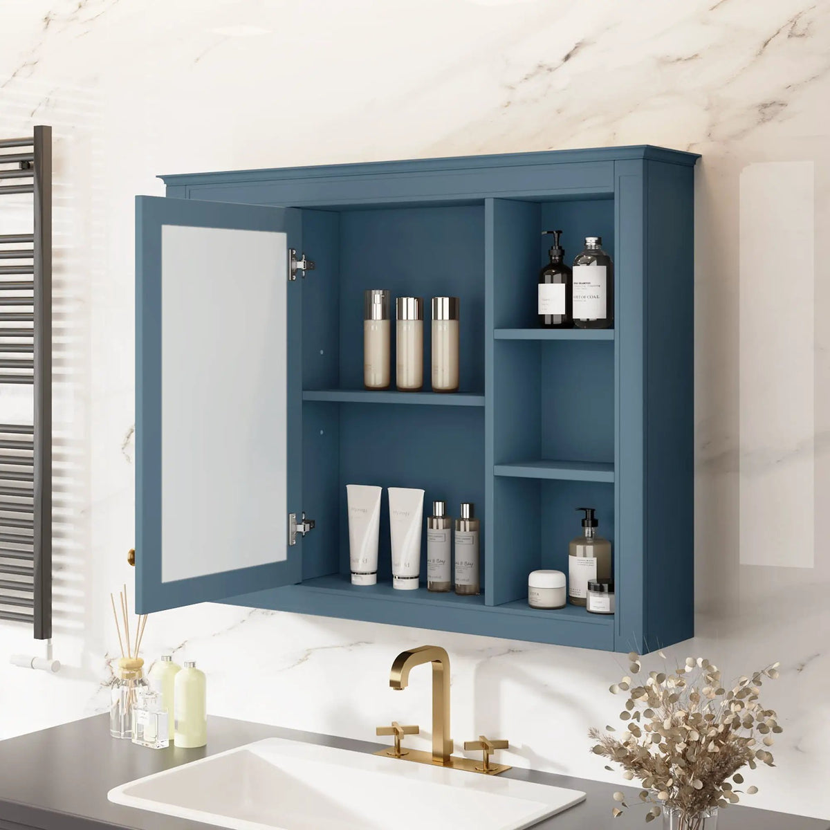 Wall Mounted Medicine Cabinet | Adjustable Interior | 6 Open Shelves