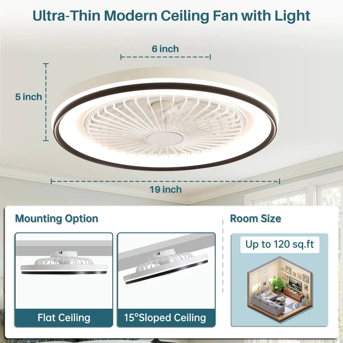 Bladeless Ceiling Fan | RGB Dimmable LED | Flush Mount | 6 Speed Remote Control