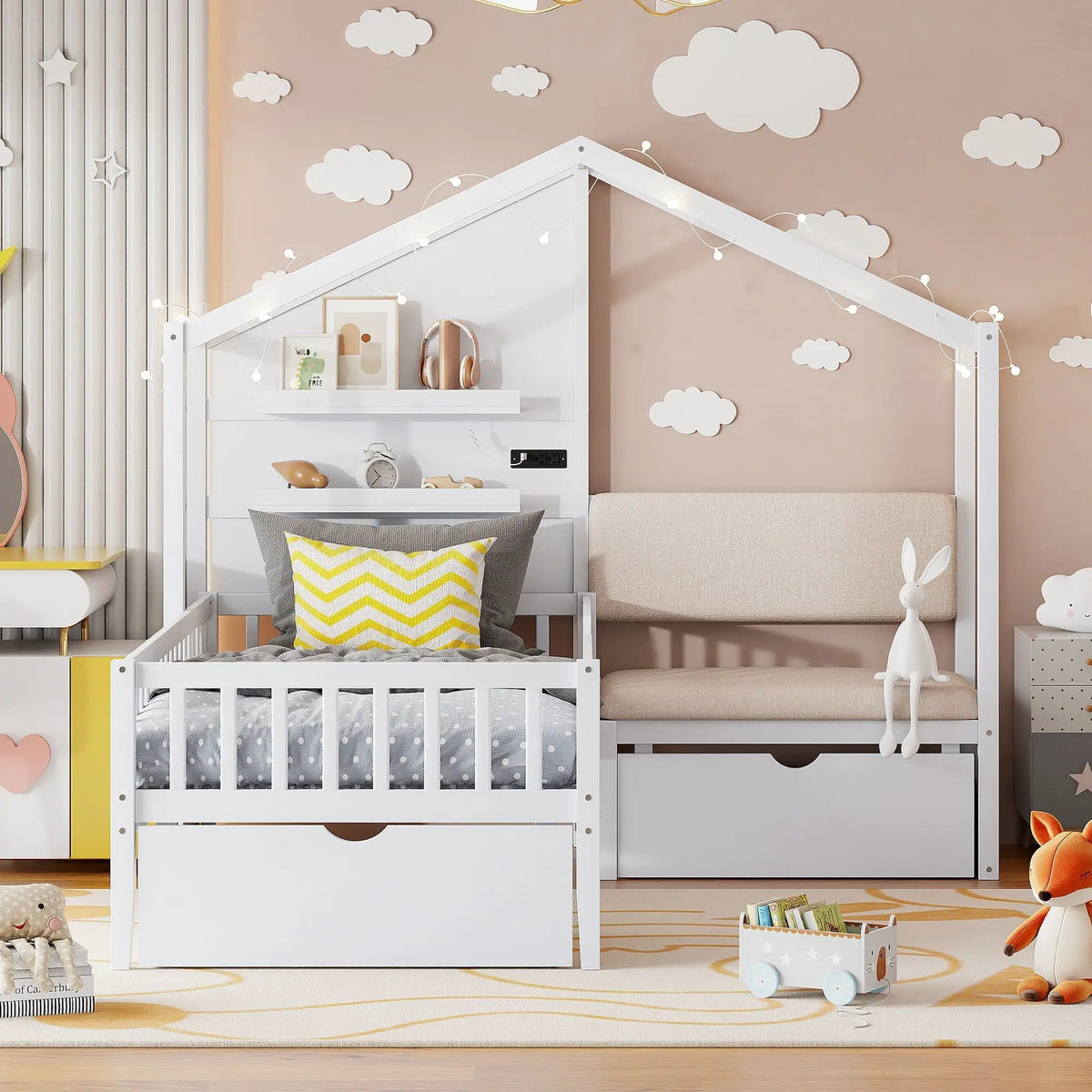 House Bed With Upholstered Sofa, Wireless Charging Station, Shelves And 2 Drawers | 2 Pieces | 2-Drawer | Bedroom